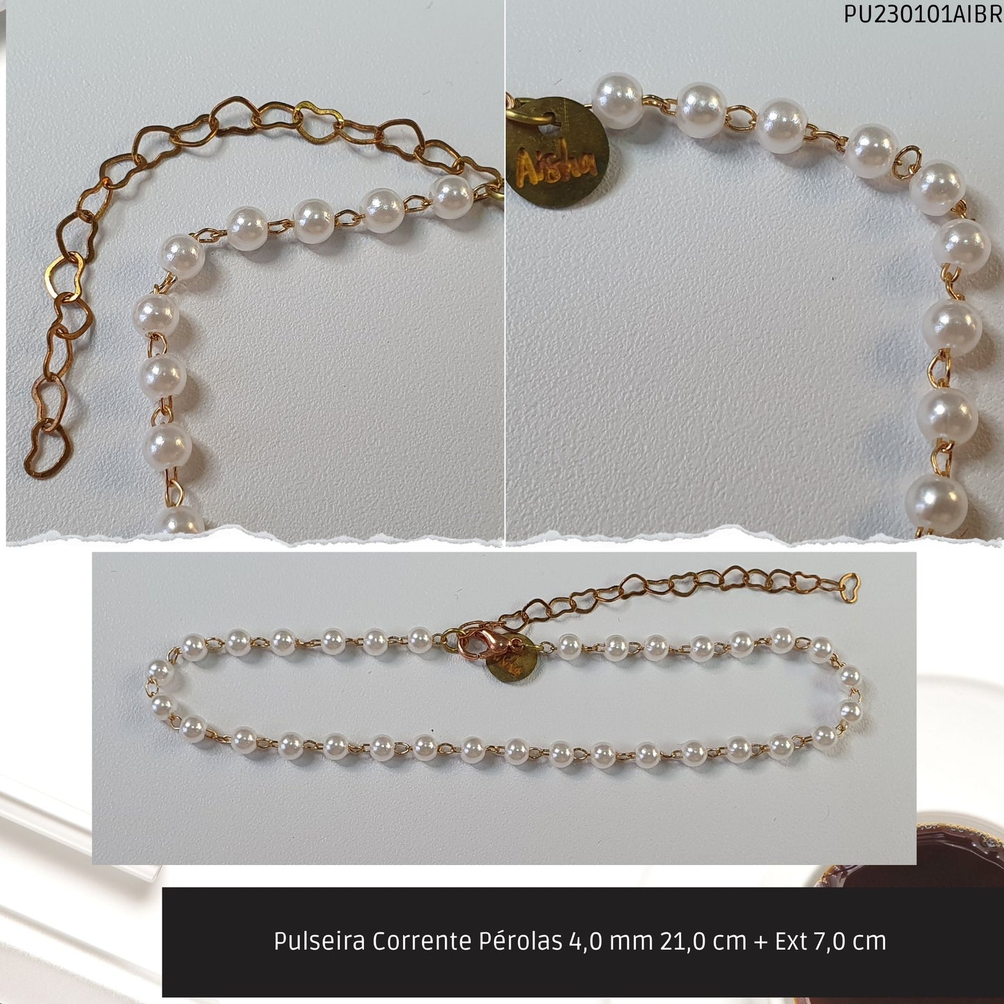 Pulseira Corrente Pérolas 4.0 mm 21.0 cm + Ext 7.0 cm   - Código.: PU230101AIBR  - Peso.: 2.3 gr
