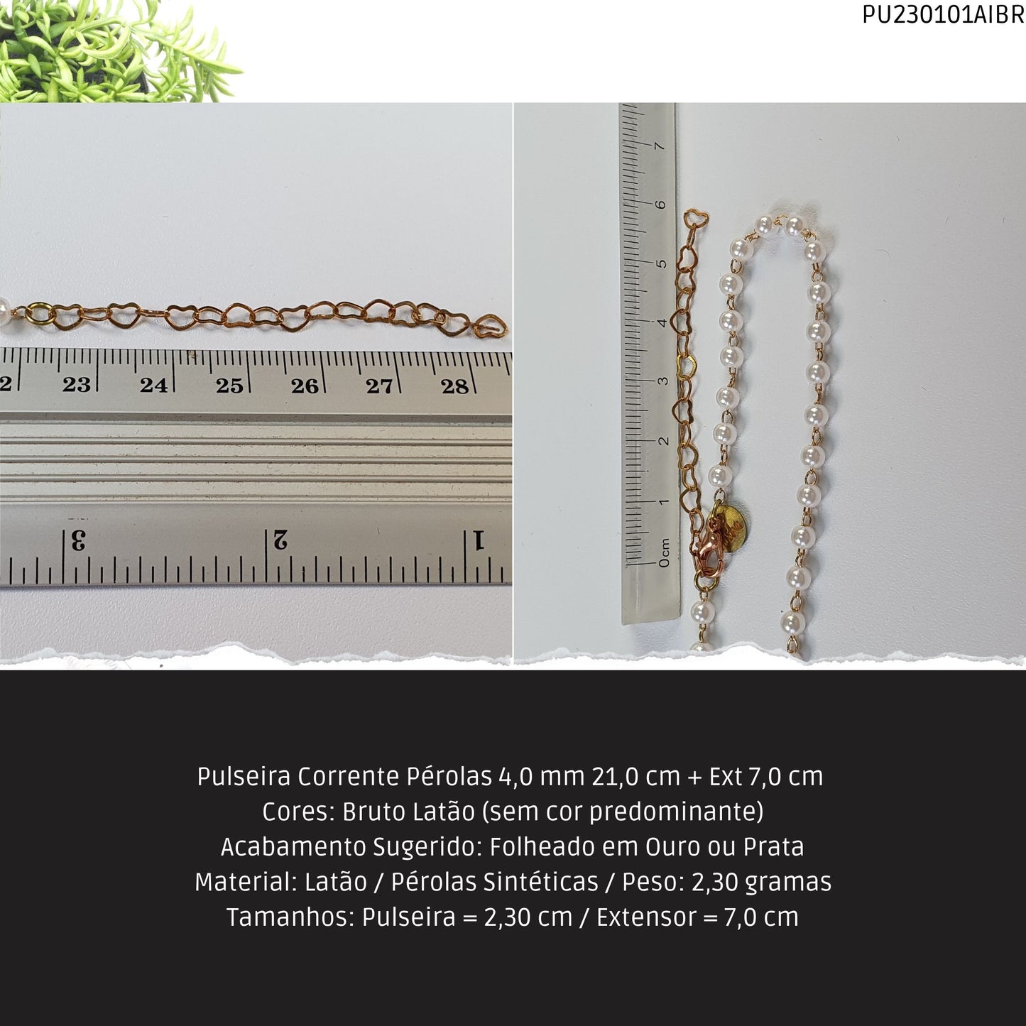 Pulseira Corrente Pérolas 4.0 mm 21.0 cm + Ext 7.0 cm   - Código.: PU230101AIBR  - Peso.: 2.3 gr