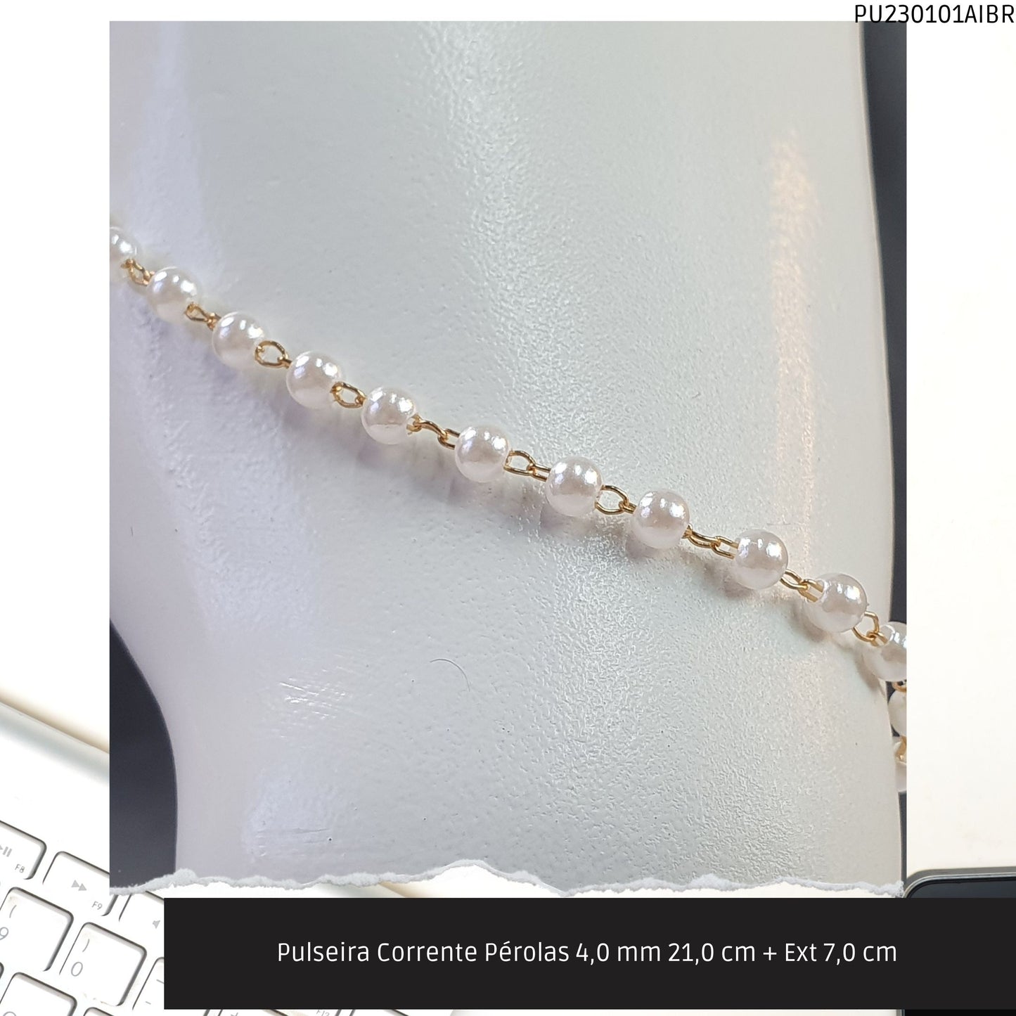 Pulseira Corrente Pérolas 4.0 mm 21.0 cm + Ext 7.0 cm   - Código.: PU230101AIBR  - Peso.: 2.3 gr