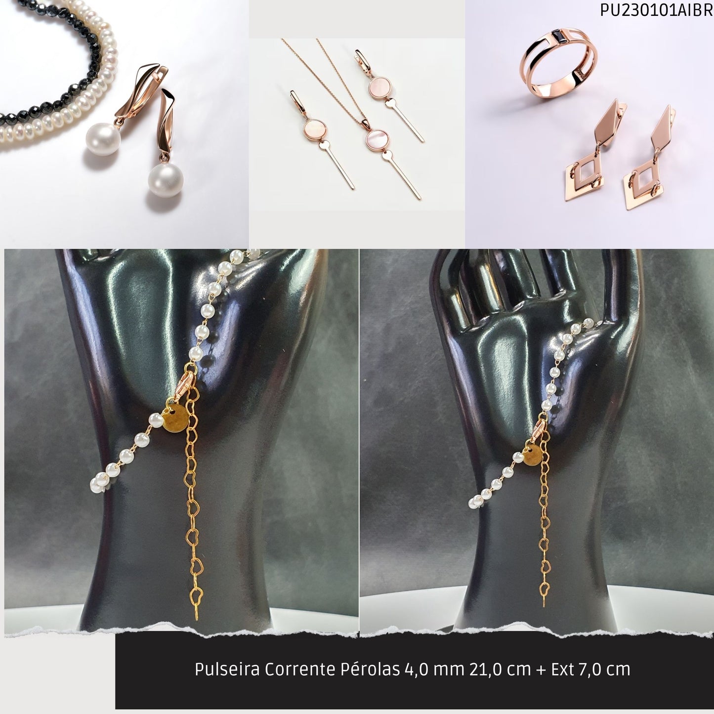 Pulseira Corrente Pérolas 4.0 mm 21.0 cm + Ext 7.0 cm   - Código.: PU230101AIBR  - Peso.: 2.3 gr