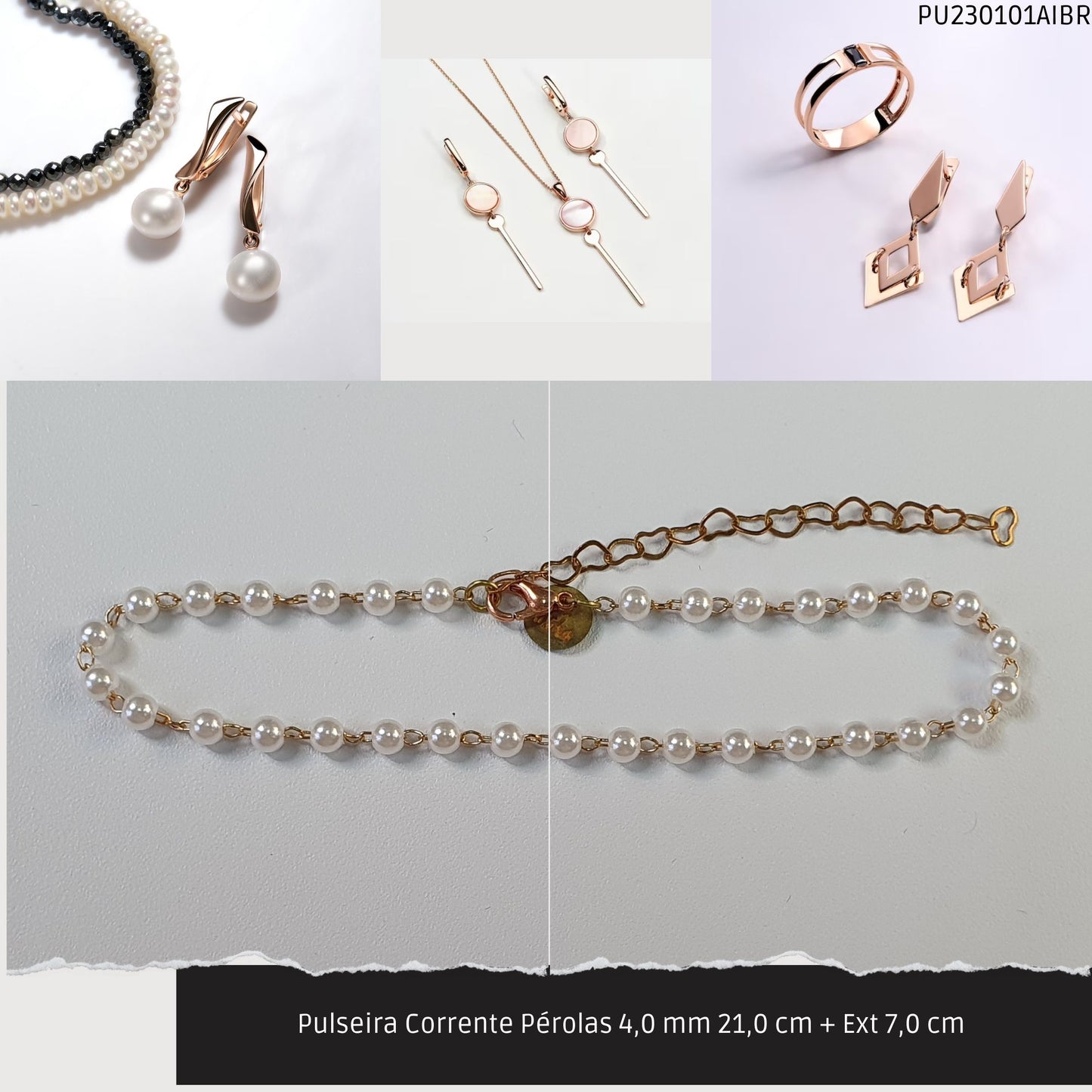 Pulseira Corrente Pérolas 4.0 mm 21.0 cm + Ext 7.0 cm   - Código.: PU230101AIBR  - Peso.: 2.3 gr