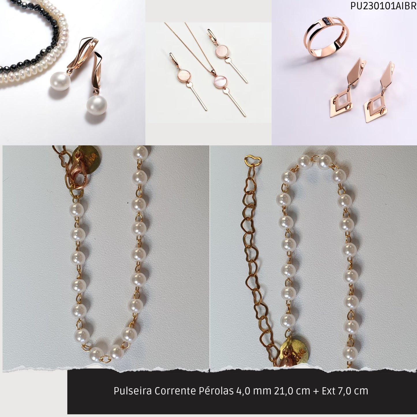 Pulseira Corrente Pérolas 4.0 mm 21.0 cm + Ext 7.0 cm   - Código.: PU230101AIBR  - Peso.: 2.3 gr