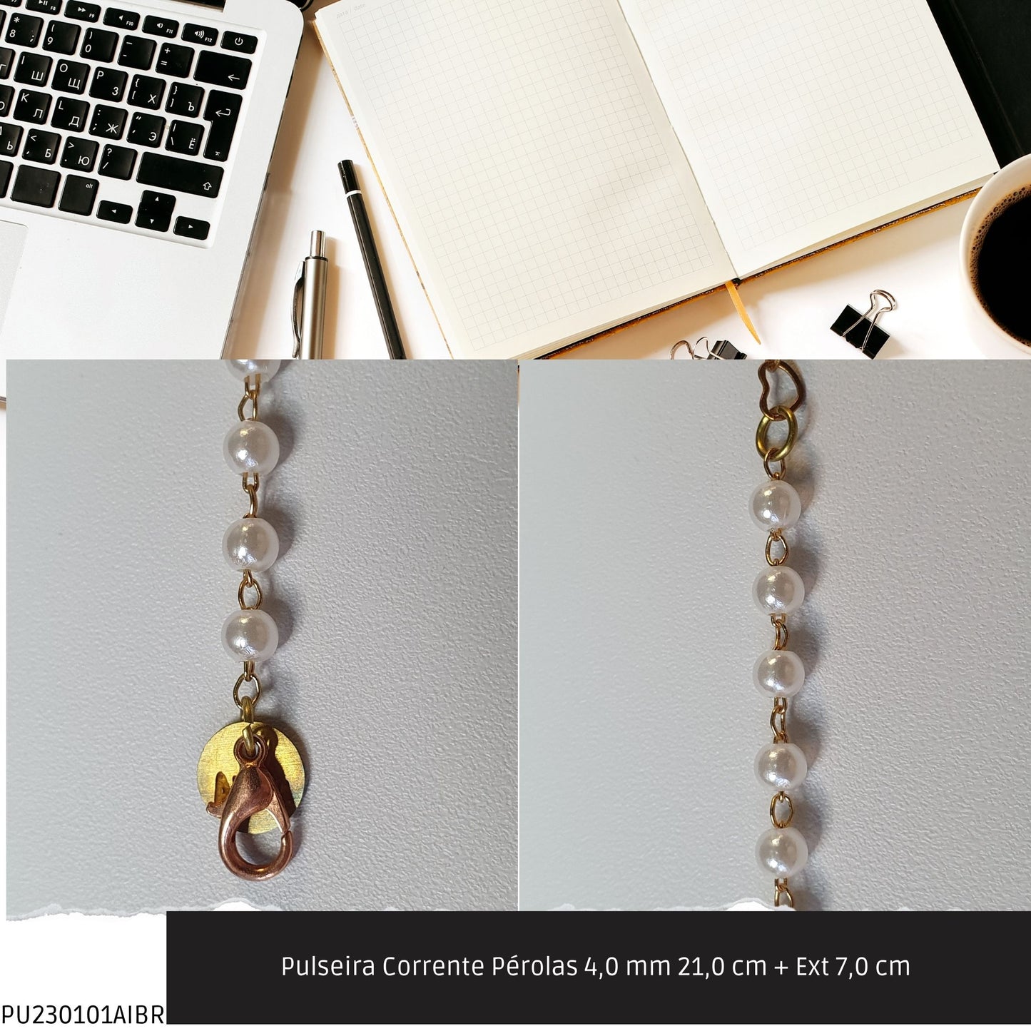 Pulseira Corrente Pérolas 4.0 mm 21.0 cm + Ext 7.0 cm   - Código.: PU230101AIBR  - Peso.: 2.3 gr
