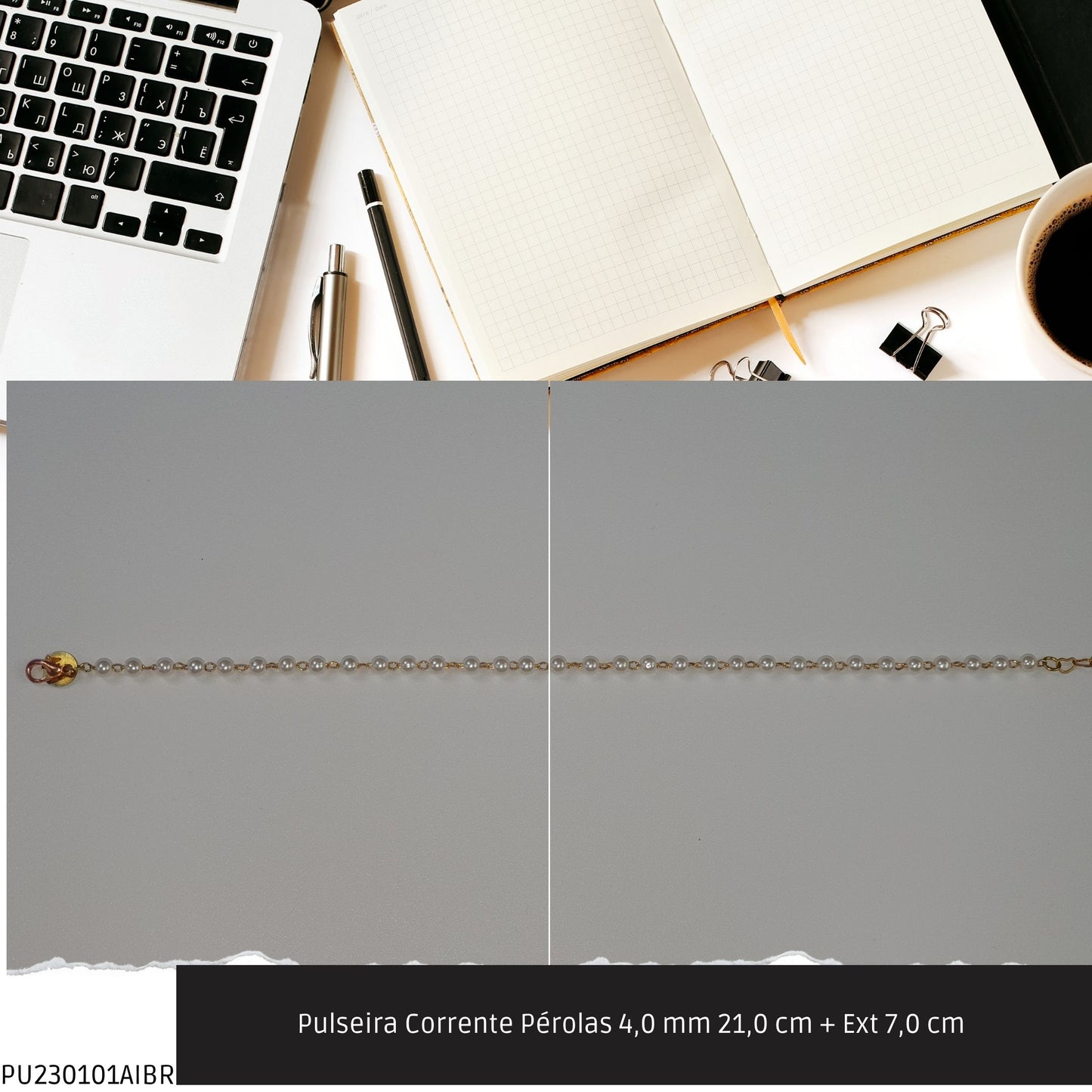 Pulseira Corrente Pérolas 4.0 mm 21.0 cm + Ext 7.0 cm   - Código.: PU230101AIBR  - Peso.: 2.3 gr