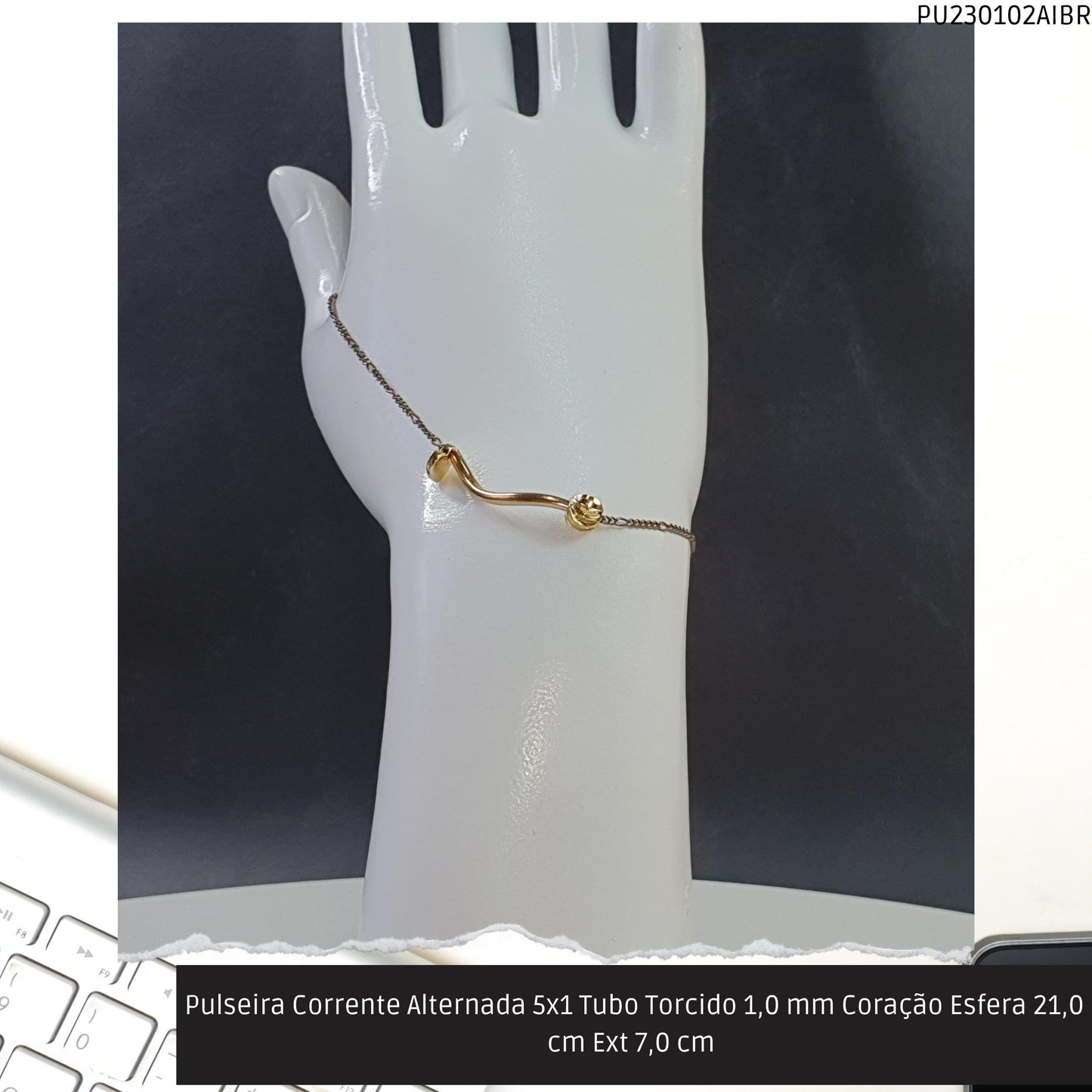 Pulseira Corrente Alternada 5x1 Tubo Torcido 1.0 mm Coração Esfera 21.0 cm Ext 7.0 cm   - Código.: PU230102AIBR  - Peso.: 2.6 gr
