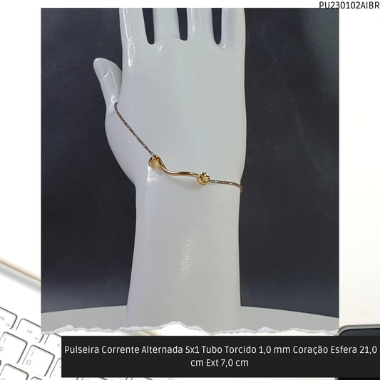 Pulseira Corrente Alternada 5x1 Tubo Torcido 1.0 mm Coração Esfera 21.0 cm Ext 7.0 cm   - Código.: PU230102AIBR  - Peso.: 2.6 gr
