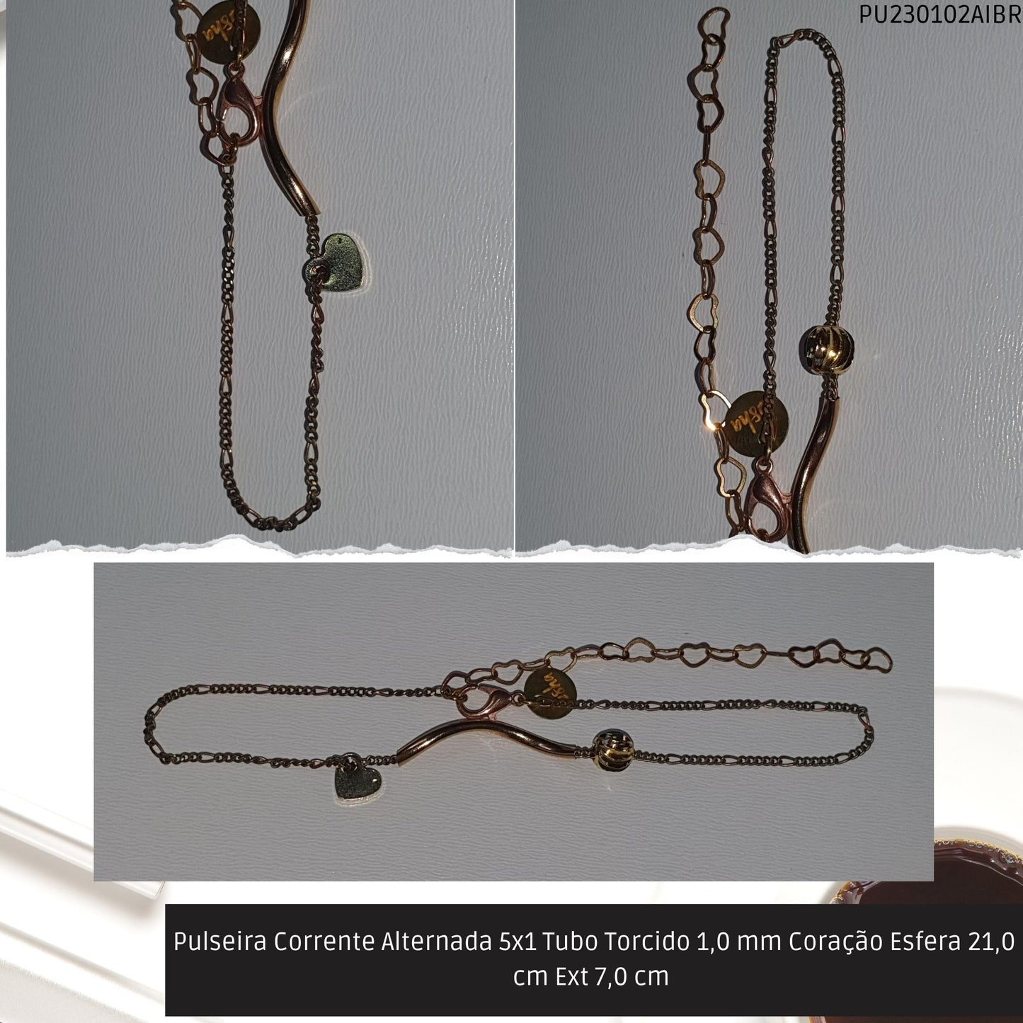 Pulseira Corrente Alternada 5x1 Tubo Torcido 1.0 mm Coração Esfera 21.0 cm Ext 7.0 cm   - Código.: PU230102AIBR  - Peso.: 2.6 gr
