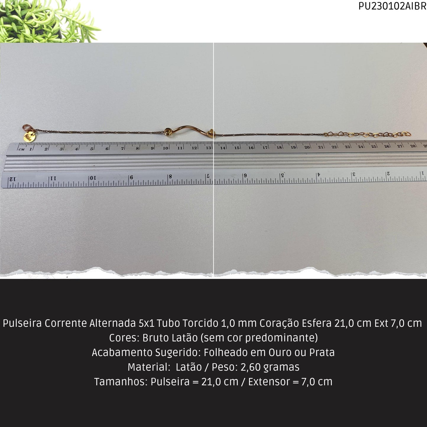 Pulseira Corrente Alternada 5x1 Tubo Torcido 1.0 mm Coração Esfera 21.0 cm Ext 7.0 cm   - Código.: PU230102AIBR  - Peso.: 2.6 gr