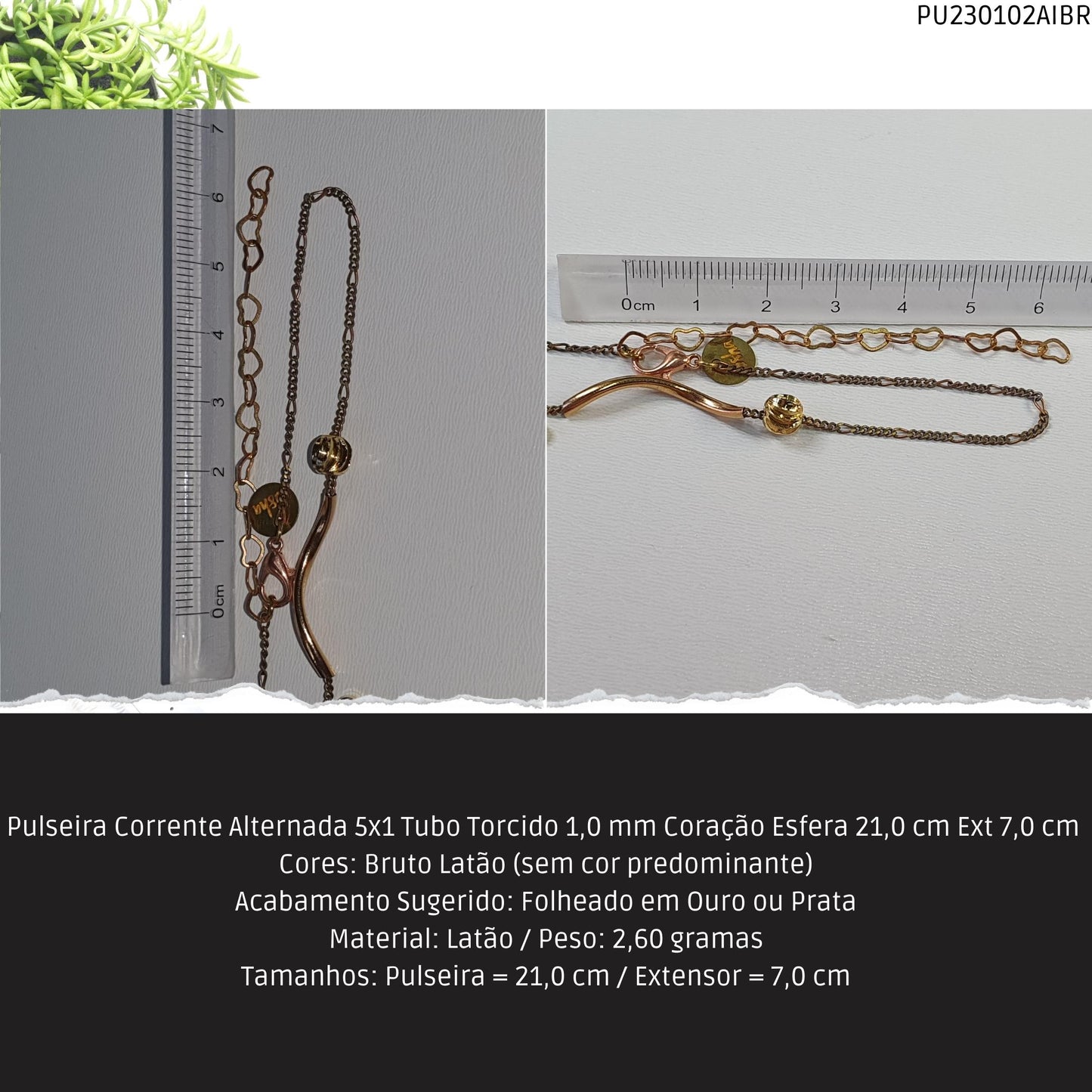 Pulseira Corrente Alternada 5x1 Tubo Torcido 1.0 mm Coração Esfera 21.0 cm Ext 7.0 cm   - Código.: PU230102AIBR  - Peso.: 2.6 gr
