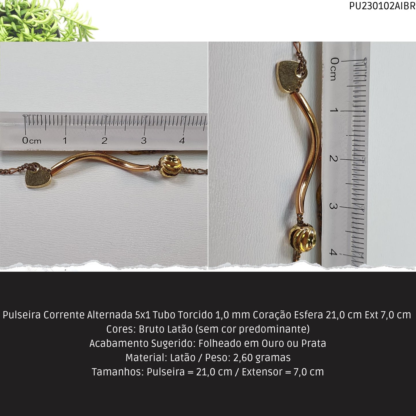 Pulseira Corrente Alternada 5x1 Tubo Torcido 1.0 mm Coração Esfera 21.0 cm Ext 7.0 cm   - Código.: PU230102AIBR  - Peso.: 2.6 gr