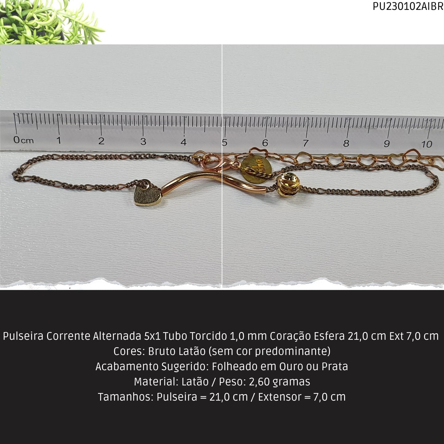 Pulseira Corrente Alternada 5x1 Tubo Torcido 1.0 mm Coração Esfera 21.0 cm Ext 7.0 cm   - Código.: PU230102AIBR  - Peso.: 2.6 gr