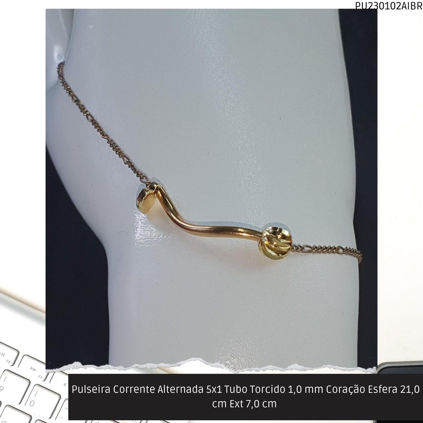 Pulseira Corrente Alternada 5x1 Tubo Torcido 1.0 mm Coração Esfera 21.0 cm Ext 7.0 cm   - Código.: PU230102AIBR  - Peso.: 2.6 gr