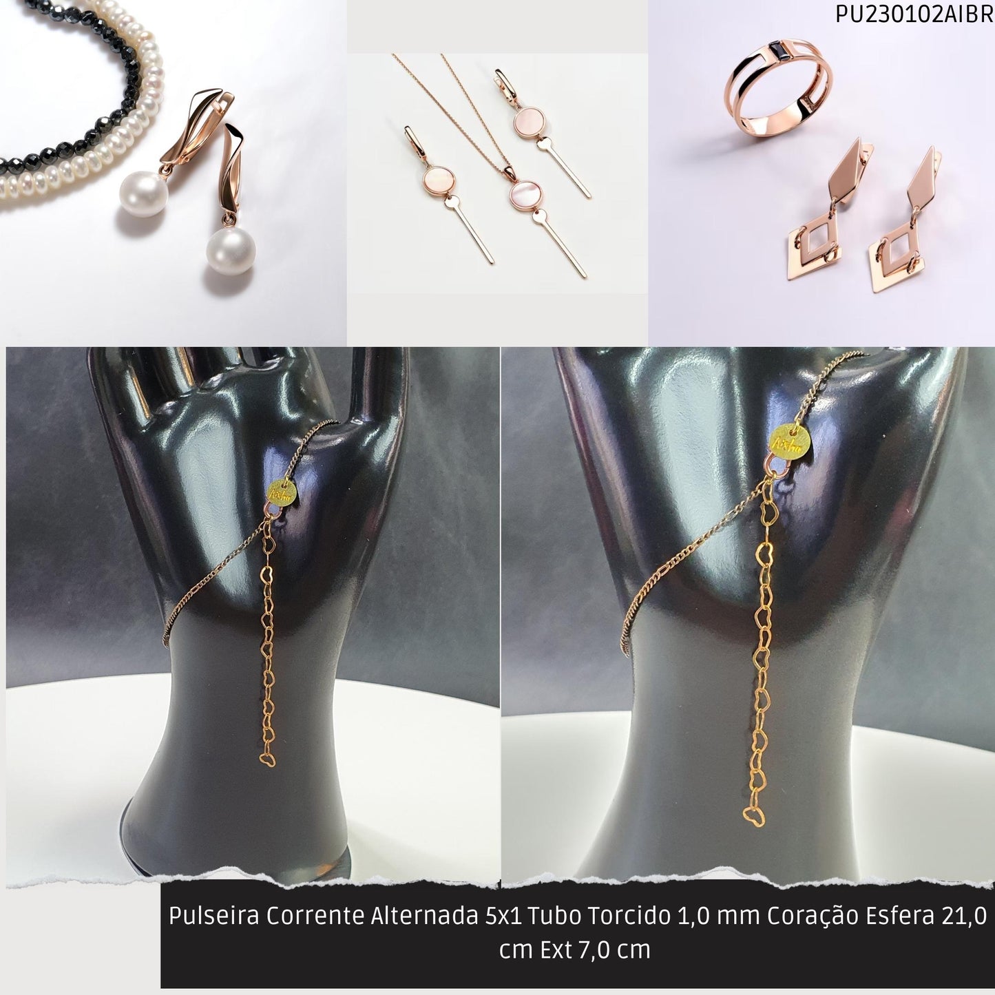 Pulseira Corrente Alternada 5x1 Tubo Torcido 1.0 mm Coração Esfera 21.0 cm Ext 7.0 cm   - Código.: PU230102AIBR  - Peso.: 2.6 gr