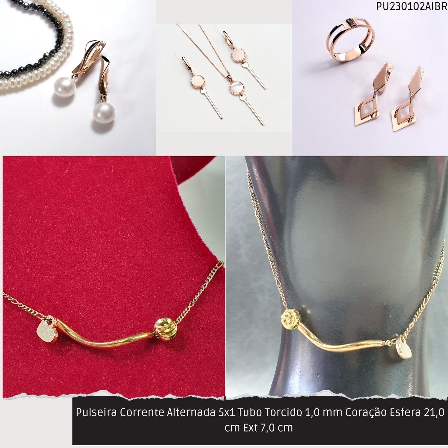 Pulseira Corrente Alternada 5x1 Tubo Torcido 1.0 mm Coração Esfera 21.0 cm Ext 7.0 cm   - Código.: PU230102AIBR  - Peso.: 2.6 gr