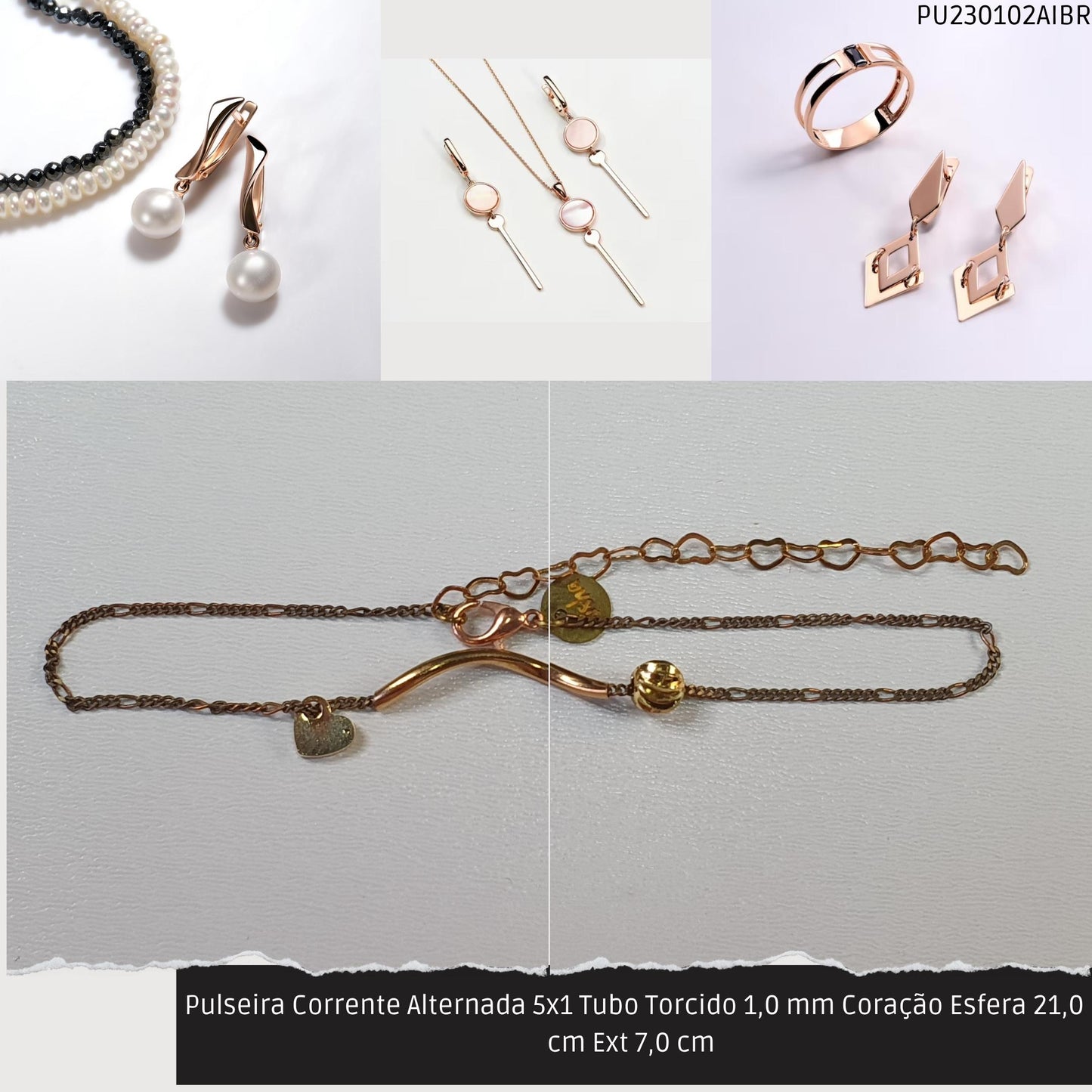 Pulseira Corrente Alternada 5x1 Tubo Torcido 1.0 mm Coração Esfera 21.0 cm Ext 7.0 cm   - Código.: PU230102AIBR  - Peso.: 2.6 gr