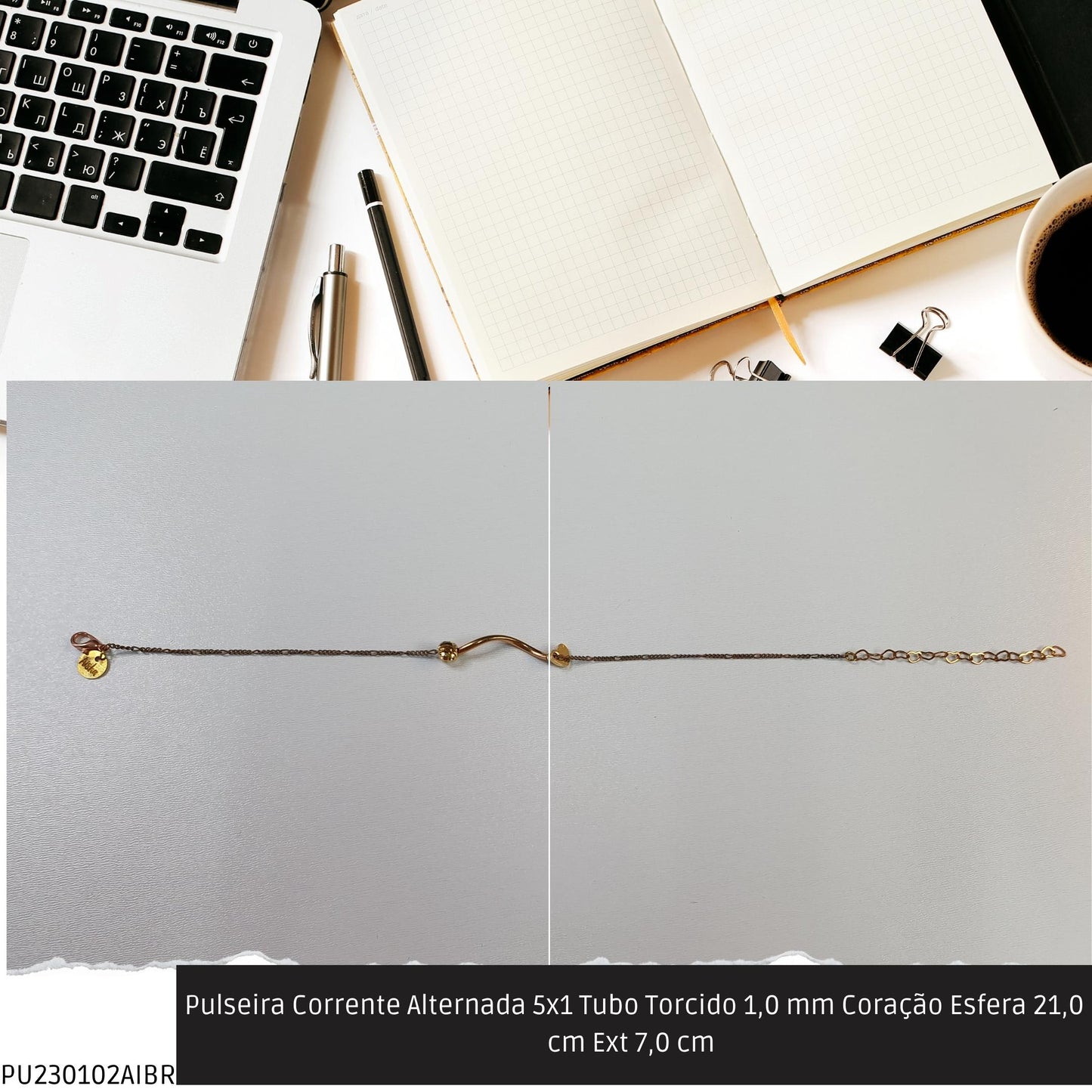 Pulseira Corrente Alternada 5x1 Tubo Torcido 1.0 mm Coração Esfera 21.0 cm Ext 7.0 cm   - Código.: PU230102AIBR  - Peso.: 2.6 gr