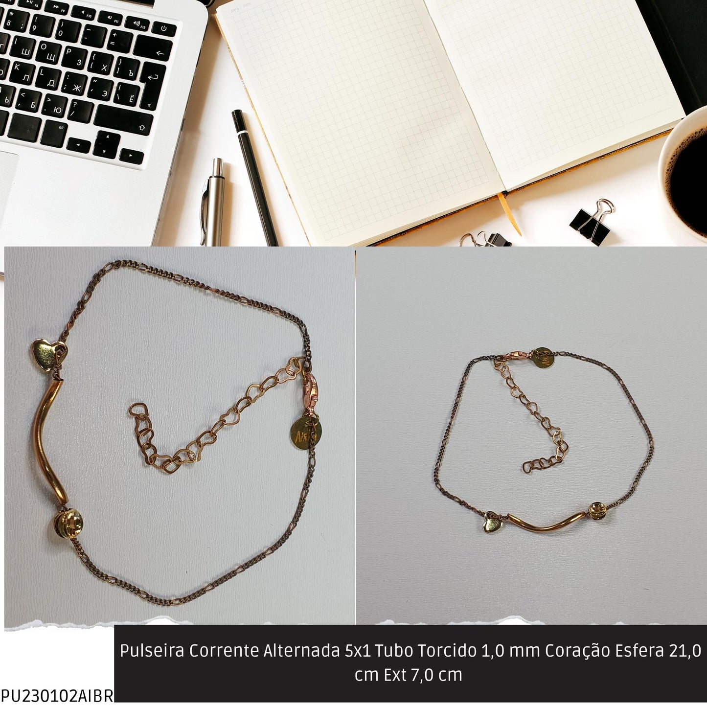 Pulseira Corrente Alternada 5x1 Tubo Torcido 1.0 mm Coração Esfera 21.0 cm Ext 7.0 cm   - Código.: PU230102AIBR  - Peso.: 2.6 gr
