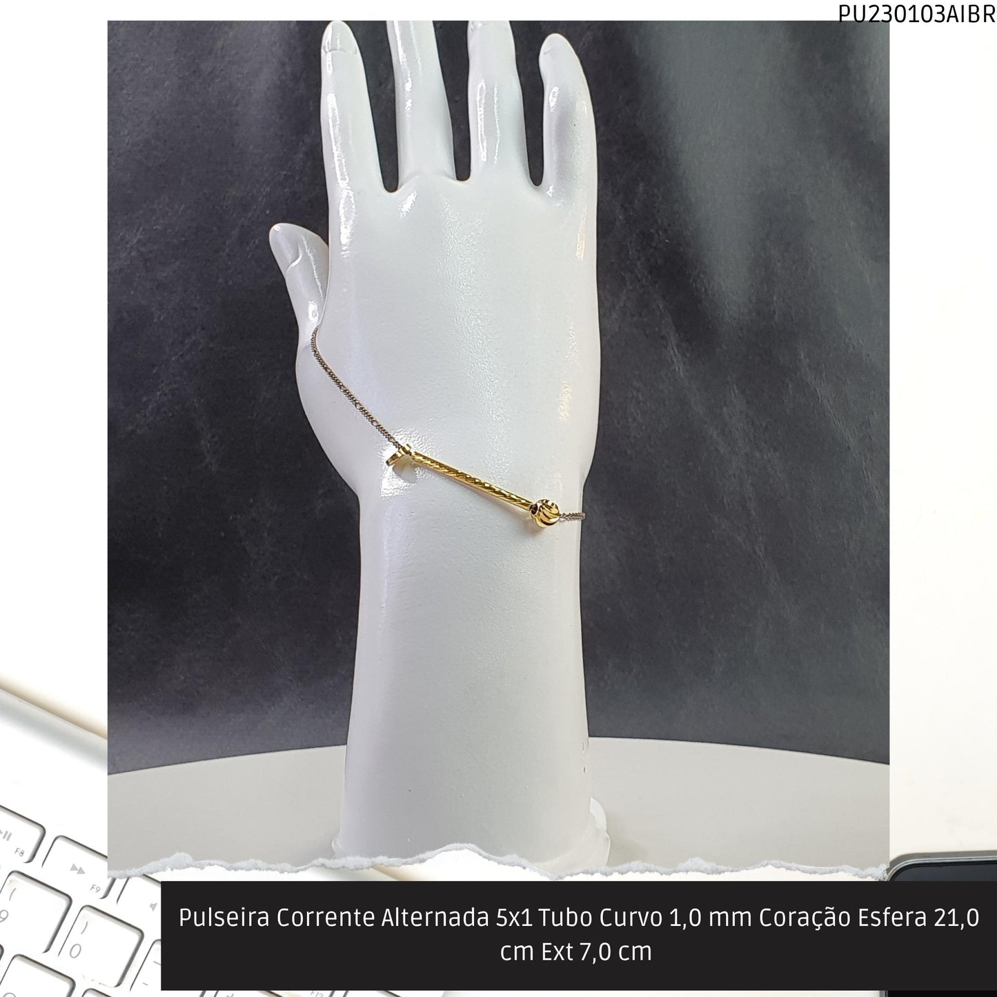 Pulseira Corrente Alternada 5x1 Tubo Curvo 1.0 mm Coração Esfera 21.0 cm Ext 7.0 cm   - Código.: PU230103AIBR  - Peso.: 2.5 gr