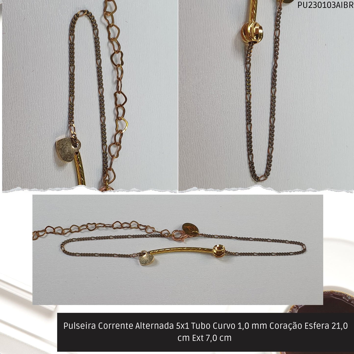 Pulseira Corrente Alternada 5x1 Tubo Curvo 1.0 mm Coração Esfera 21.0 cm Ext 7.0 cm   - Código.: PU230103AIBR  - Peso.: 2.5 gr