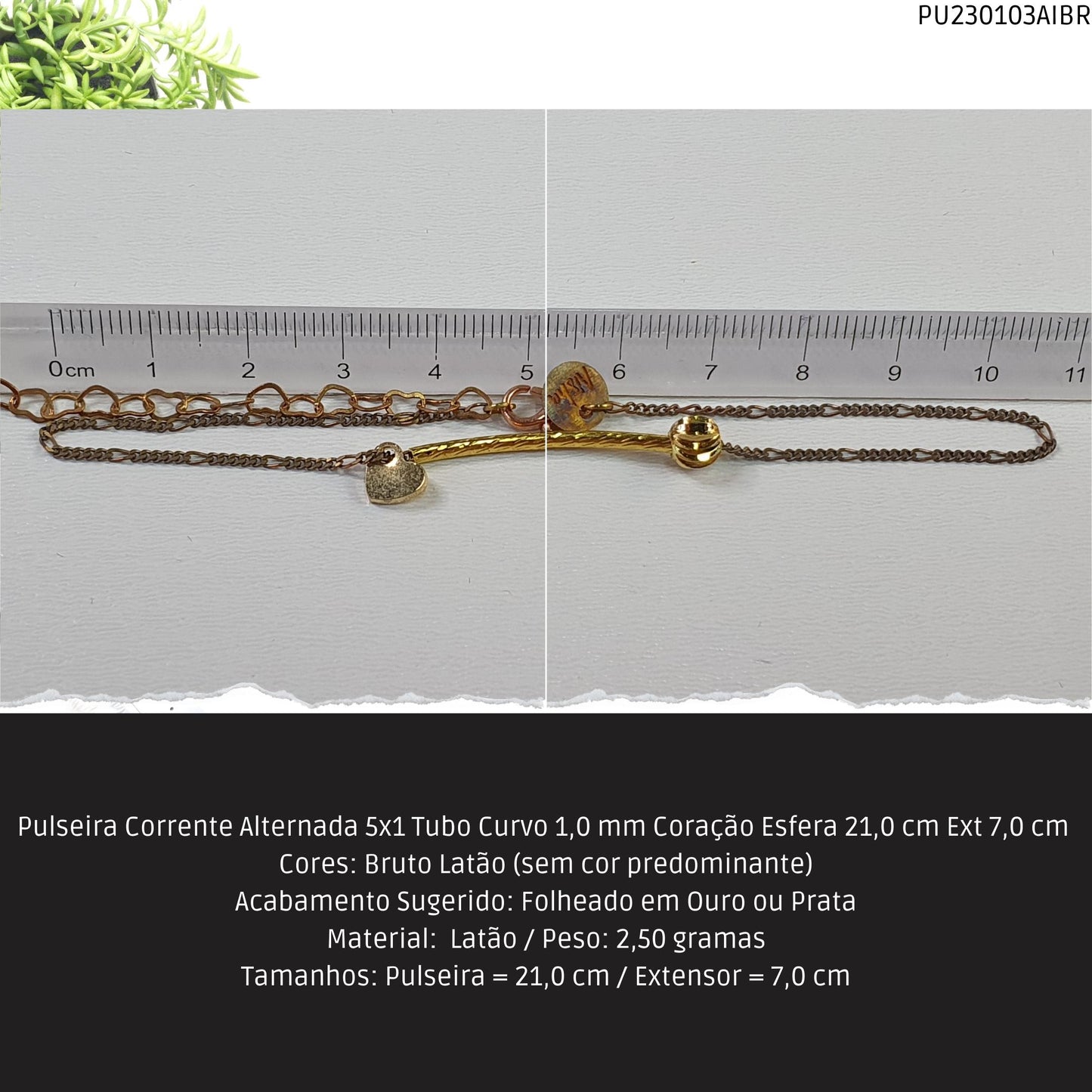 Pulseira Corrente Alternada 5x1 Tubo Curvo 1.0 mm Coração Esfera 21.0 cm Ext 7.0 cm   - Código.: PU230103AIBR  - Peso.: 2.5 gr