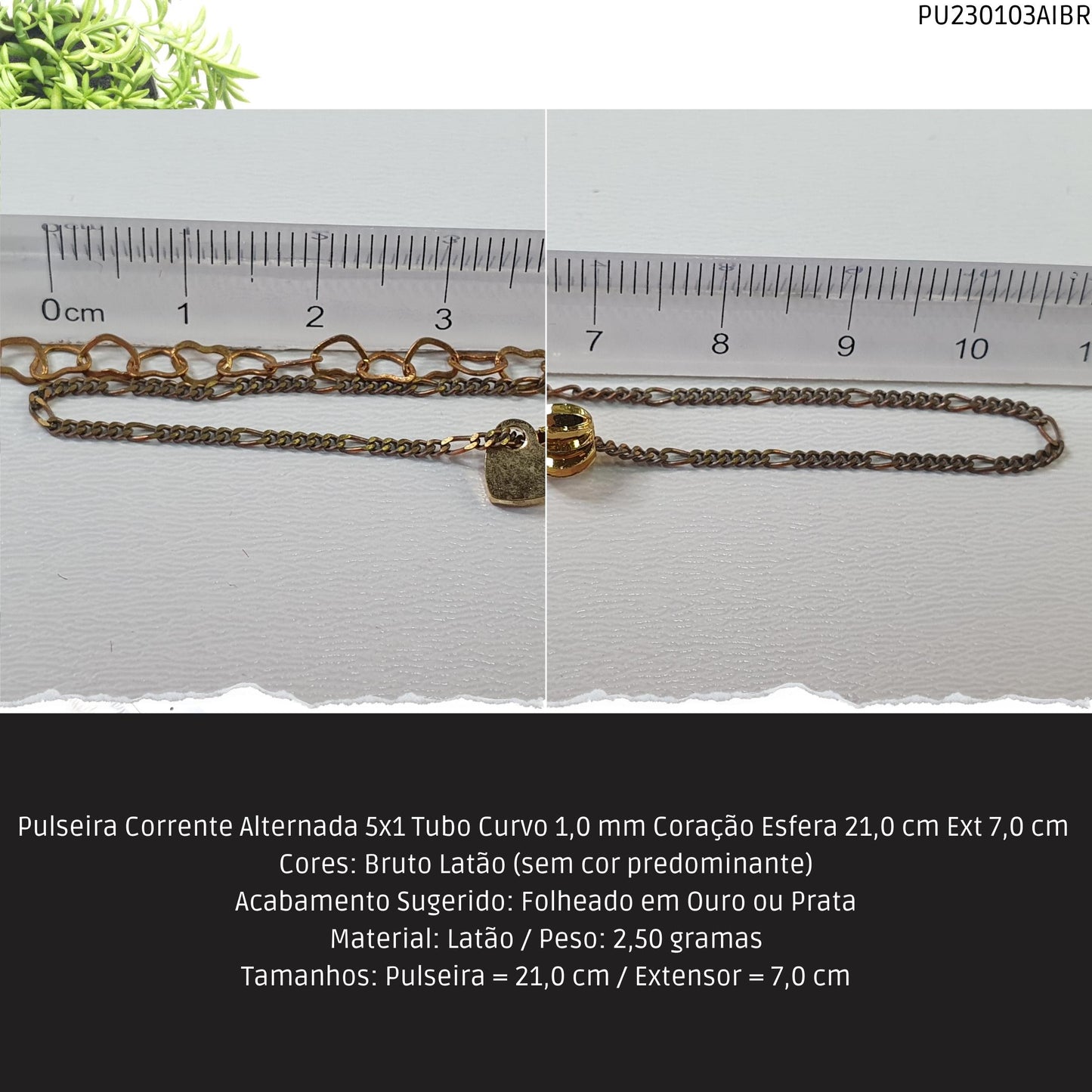 Pulseira Corrente Alternada 5x1 Tubo Curvo 1.0 mm Coração Esfera 21.0 cm Ext 7.0 cm   - Código.: PU230103AIBR  - Peso.: 2.5 gr