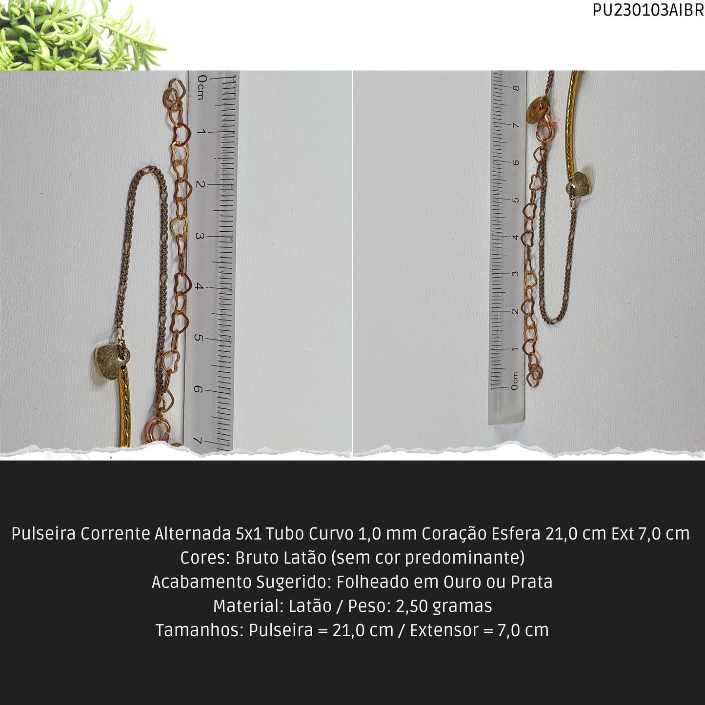 Pulseira Corrente Alternada 5x1 Tubo Curvo 1.0 mm Coração Esfera 21.0 cm Ext 7.0 cm   - Código.: PU230103AIBR  - Peso.: 2.5 gr