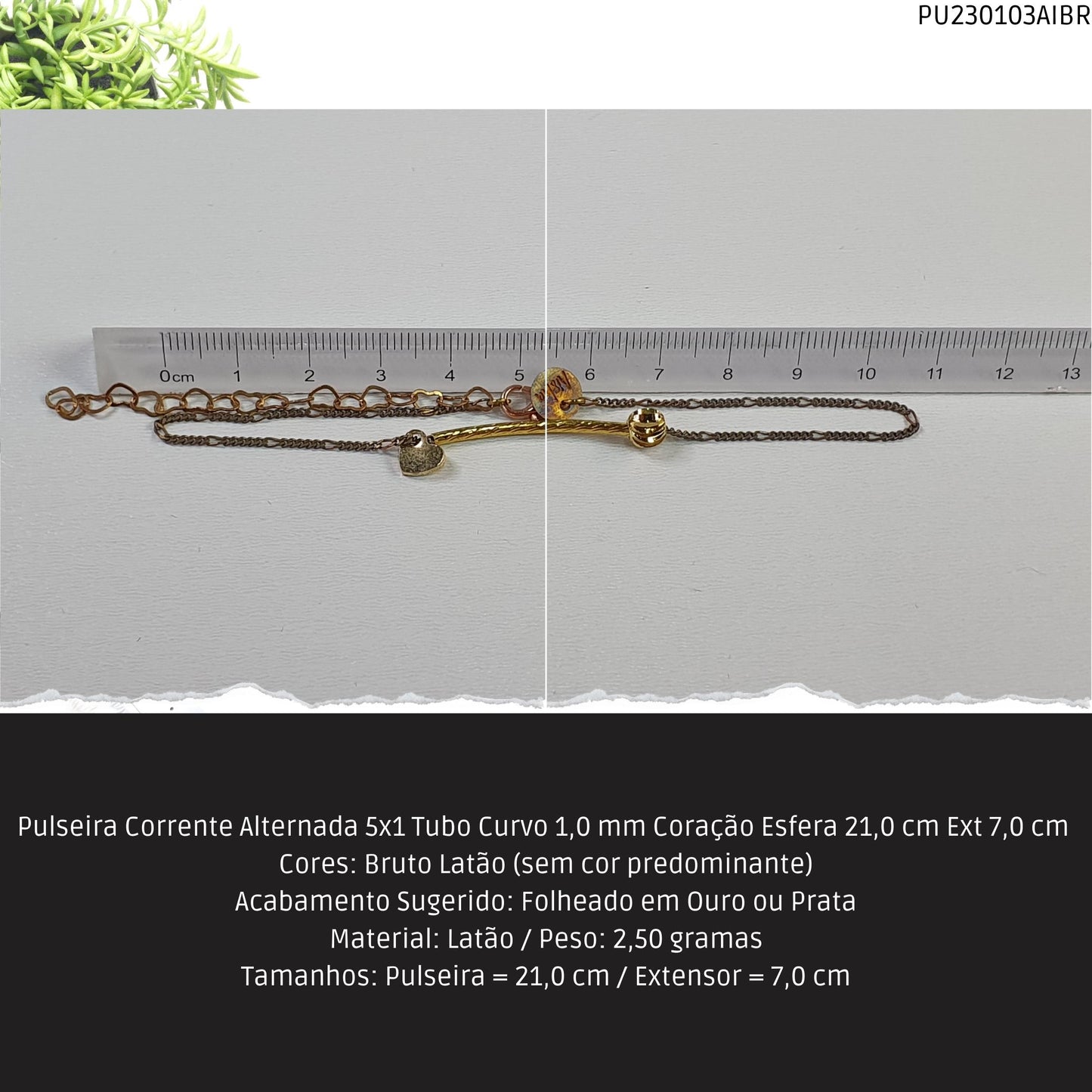 Pulseira Corrente Alternada 5x1 Tubo Curvo 1.0 mm Coração Esfera 21.0 cm Ext 7.0 cm   - Código.: PU230103AIBR  - Peso.: 2.5 gr