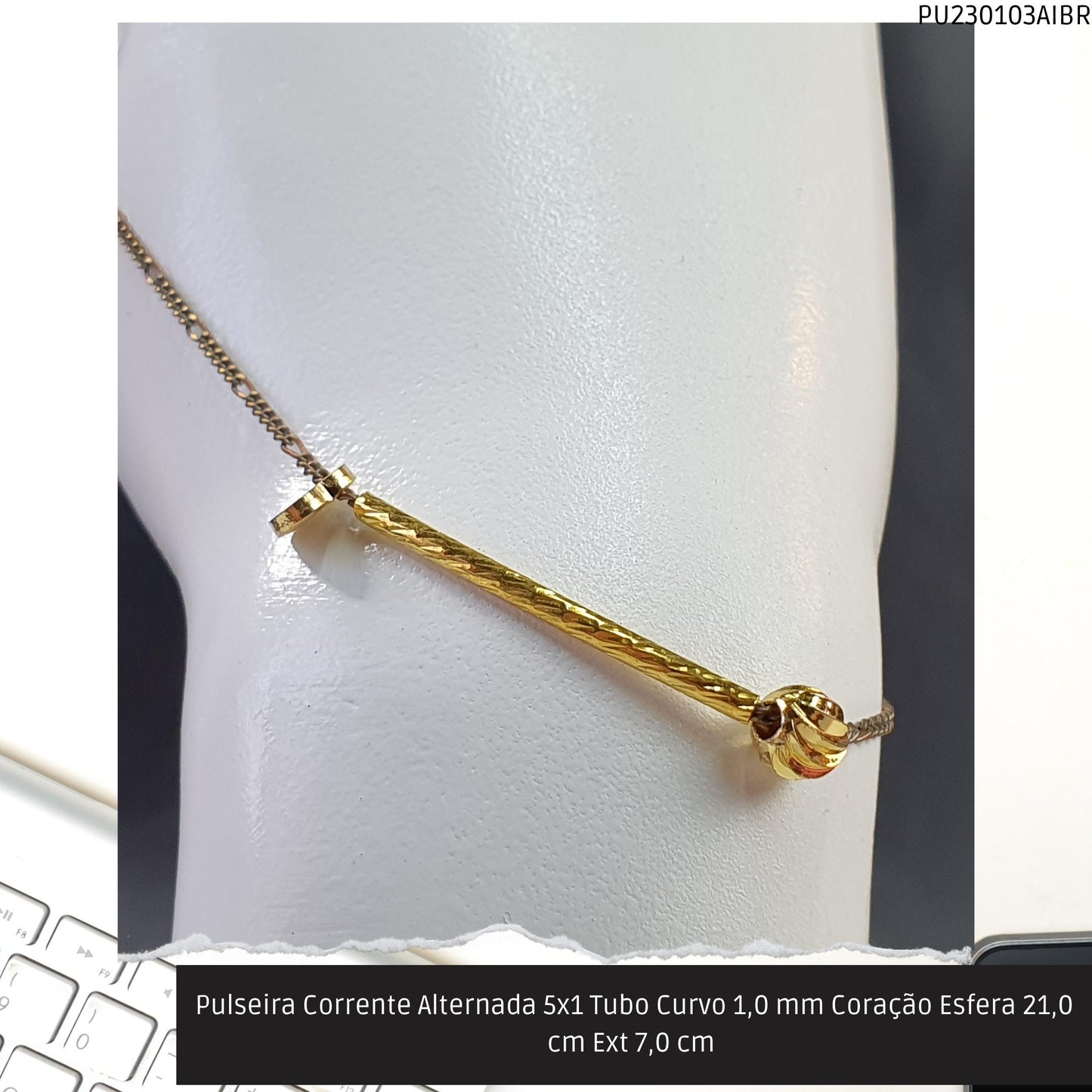 Pulseira Corrente Alternada 5x1 Tubo Curvo 1.0 mm Coração Esfera 21.0 cm Ext 7.0 cm   - Código.: PU230103AIBR  - Peso.: 2.5 gr