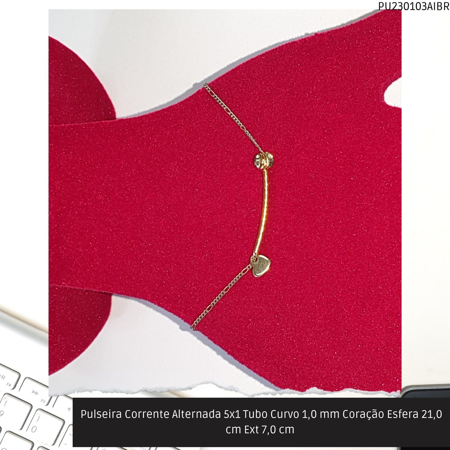 Pulseira Corrente Alternada 5x1 Tubo Curvo 1.0 mm Coração Esfera 21.0 cm Ext 7.0 cm   - Código.: PU230103AIBR  - Peso.: 2.5 gr