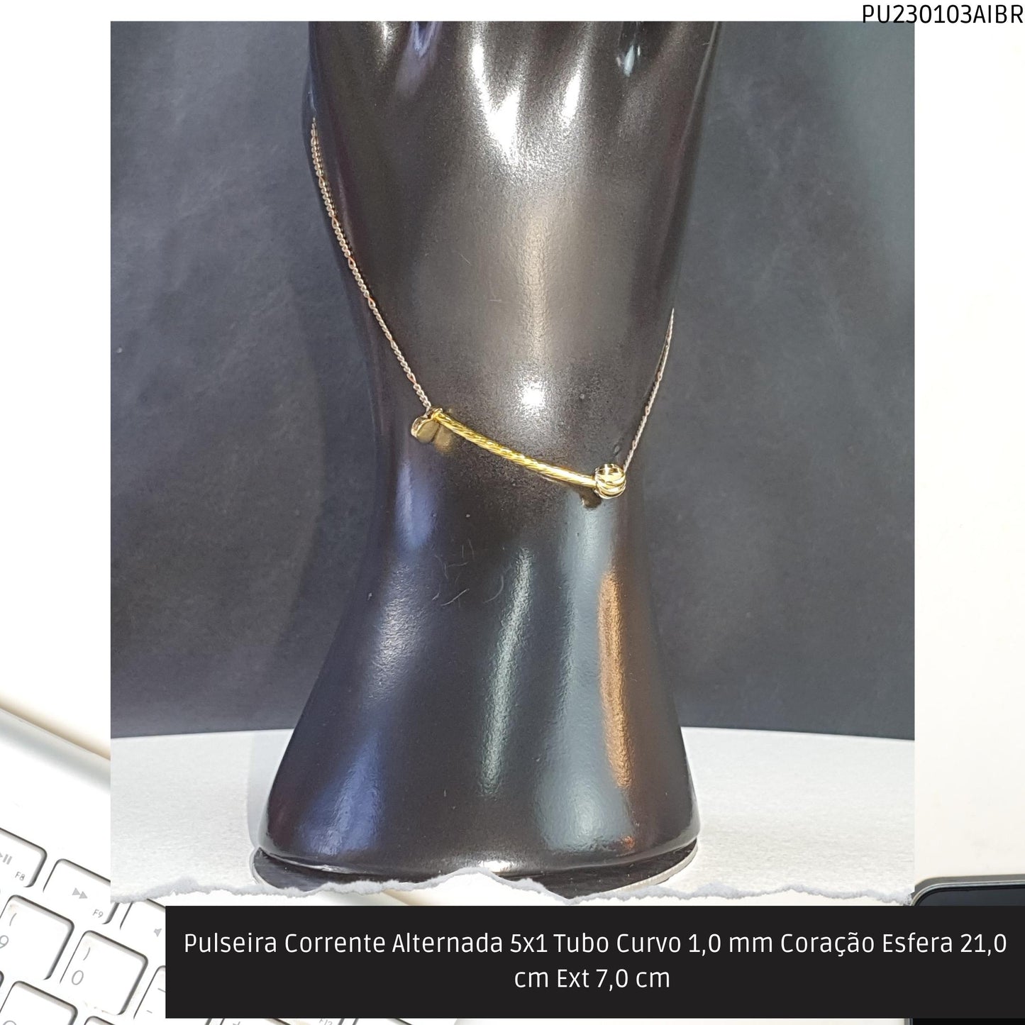 Pulseira Corrente Alternada 5x1 Tubo Curvo 1.0 mm Coração Esfera 21.0 cm Ext 7.0 cm   - Código.: PU230103AIBR  - Peso.: 2.5 gr