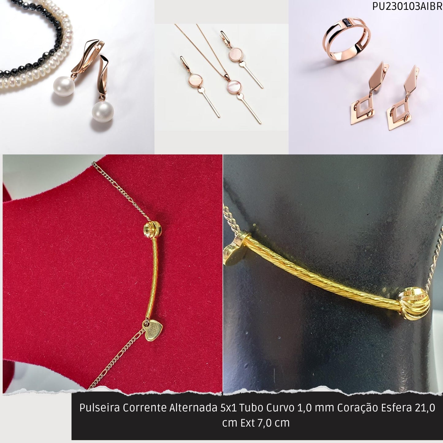 Pulseira Corrente Alternada 5x1 Tubo Curvo 1.0 mm Coração Esfera 21.0 cm Ext 7.0 cm   - Código.: PU230103AIBR  - Peso.: 2.5 gr