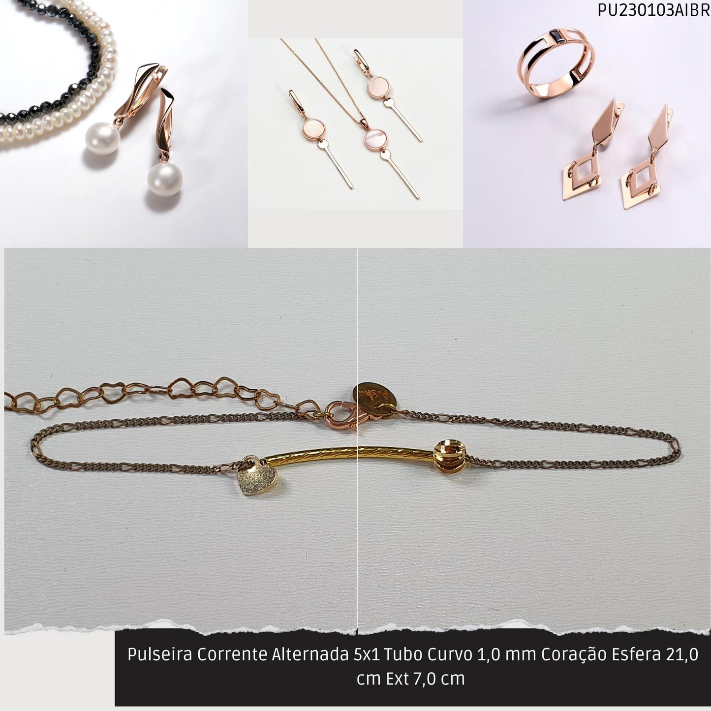 Pulseira Corrente Alternada 5x1 Tubo Curvo 1.0 mm Coração Esfera 21.0 cm Ext 7.0 cm   - Código.: PU230103AIBR  - Peso.: 2.5 gr