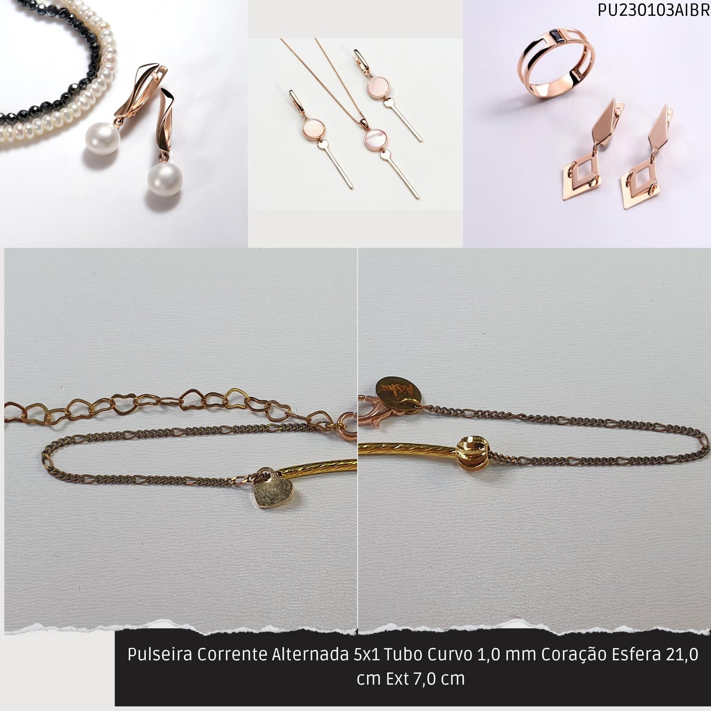 Pulseira Corrente Alternada 5x1 Tubo Curvo 1.0 mm Coração Esfera 21.0 cm Ext 7.0 cm   - Código.: PU230103AIBR  - Peso.: 2.5 gr
