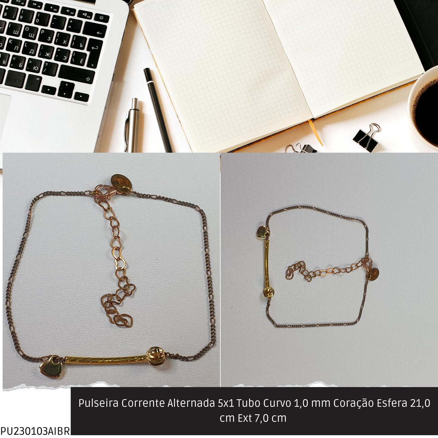 Pulseira Corrente Alternada 5x1 Tubo Curvo 1.0 mm Coração Esfera 21.0 cm Ext 7.0 cm   - Código.: PU230103AIBR  - Peso.: 2.5 gr
