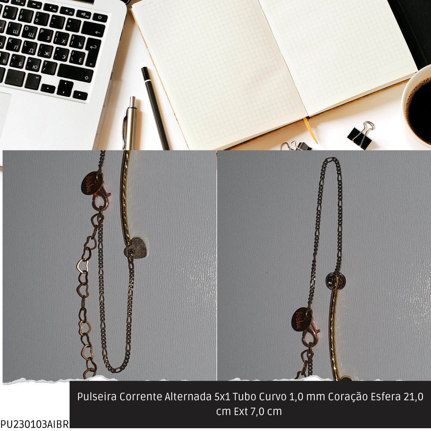 Pulseira Corrente Alternada 5x1 Tubo Curvo 1.0 mm Coração Esfera 21.0 cm Ext 7.0 cm   - Código.: PU230103AIBR  - Peso.: 2.5 gr