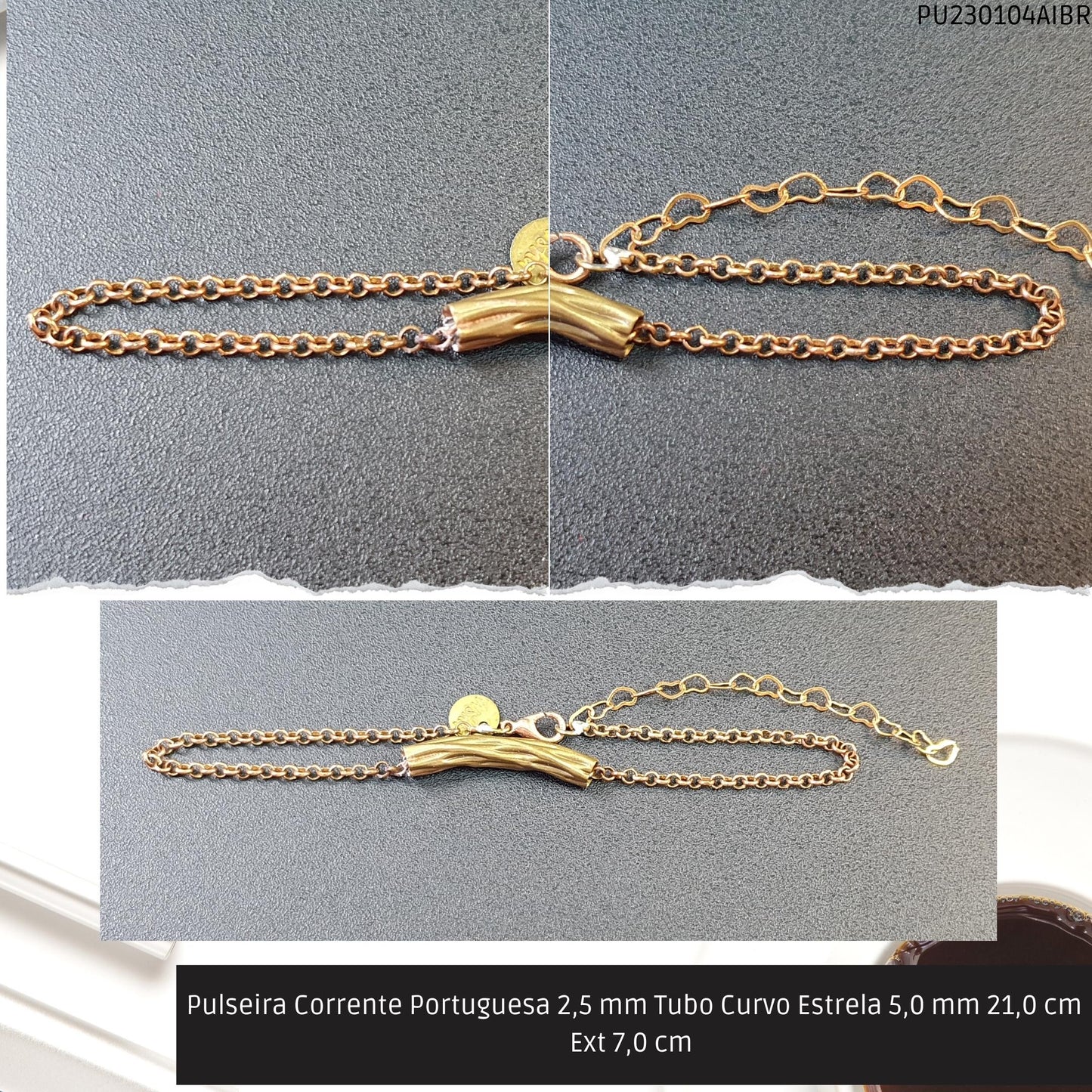 Pulseira Corrente Portuguesa 2.5 mm Tubo Curvo Estrela 5.0 mm 21.0 cm Ext 7.0 cm   - Código.: PU230104AIBR  - Peso.: 3.4 gr