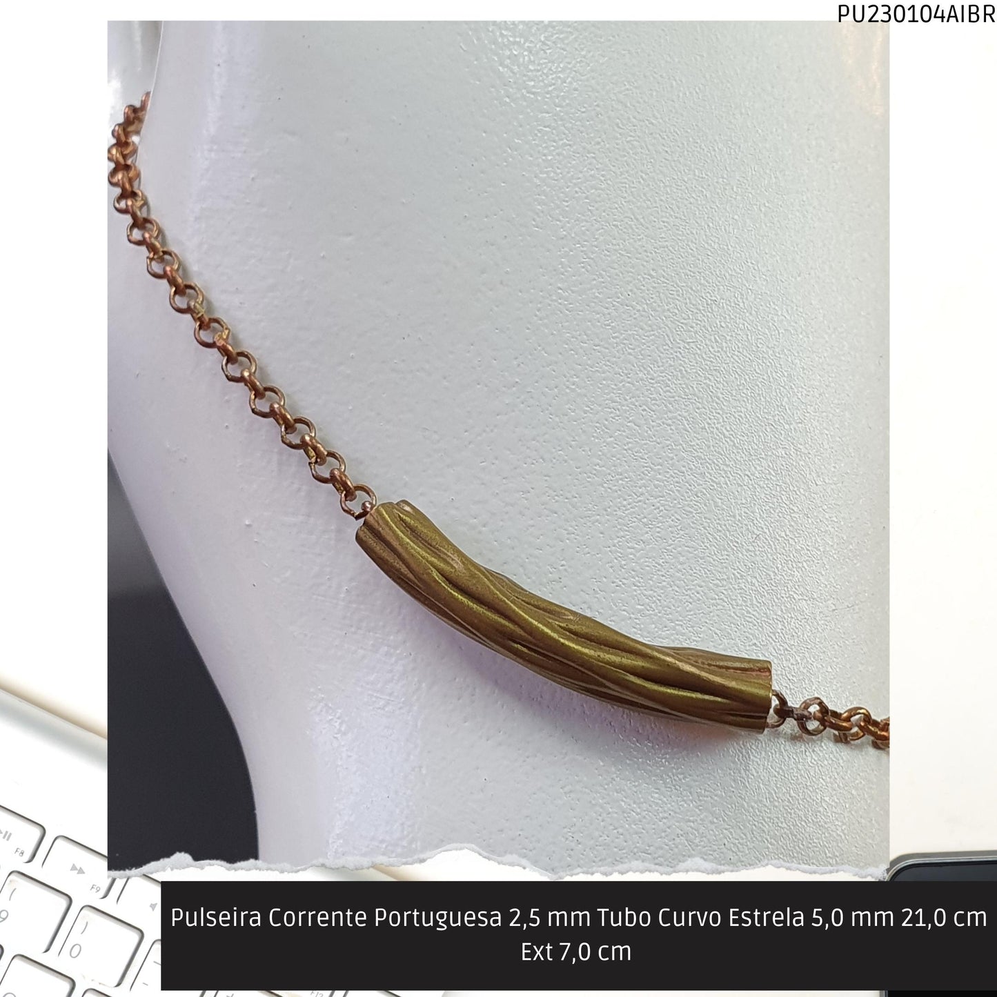 Pulseira Corrente Portuguesa 2.5 mm Tubo Curvo Estrela 5.0 mm 21.0 cm Ext 7.0 cm   - Código.: PU230104AIBR  - Peso.: 3.4 gr