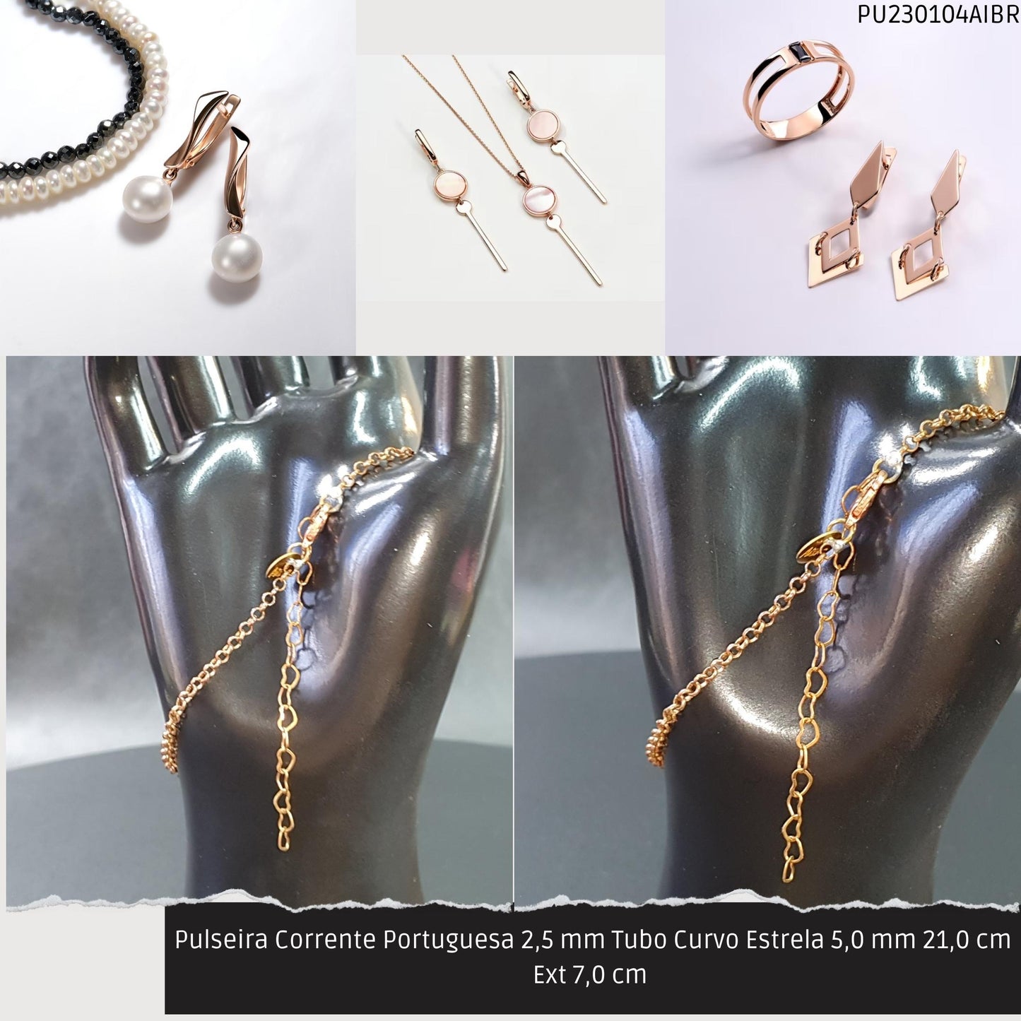 Pulseira Corrente Portuguesa 2.5 mm Tubo Curvo Estrela 5.0 mm 21.0 cm Ext 7.0 cm   - Código.: PU230104AIBR  - Peso.: 3.4 gr