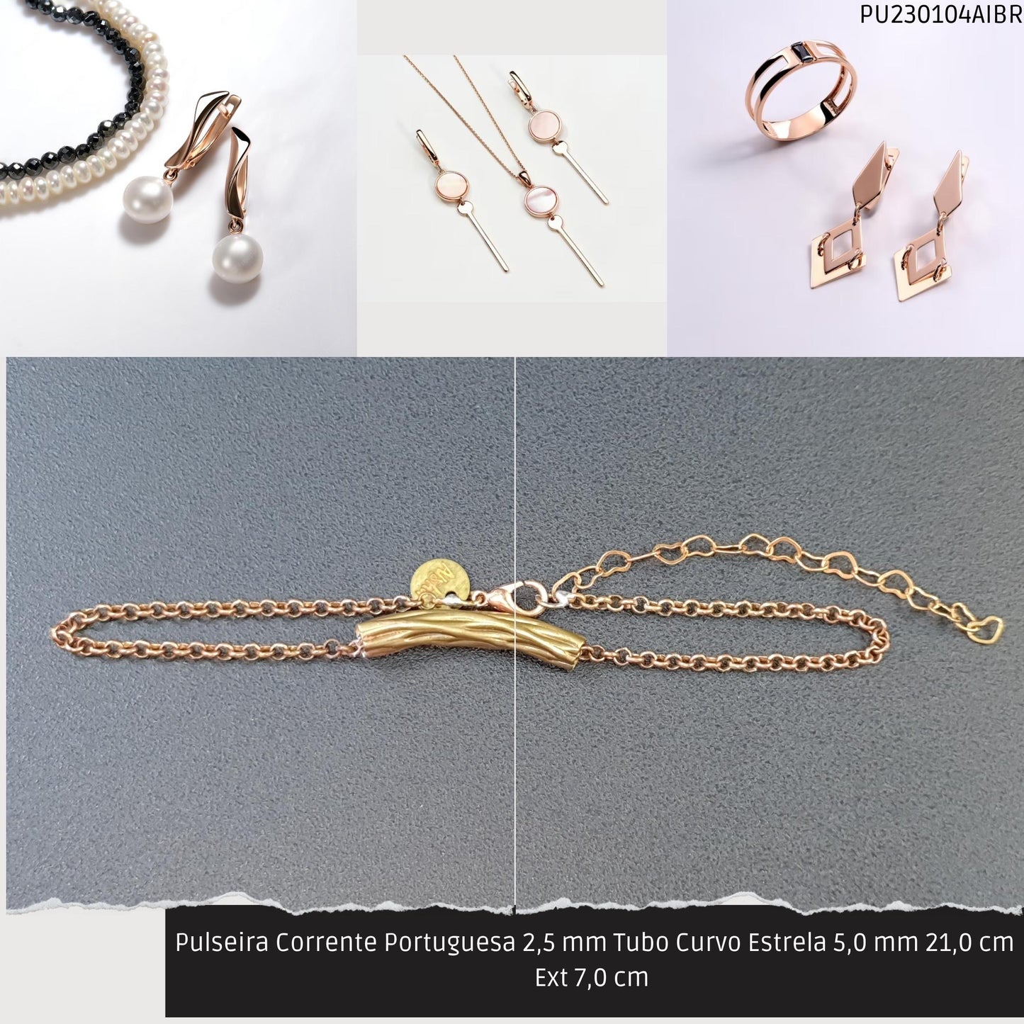 Pulseira Corrente Portuguesa 2.5 mm Tubo Curvo Estrela 5.0 mm 21.0 cm Ext 7.0 cm   - Código.: PU230104AIBR  - Peso.: 3.4 gr