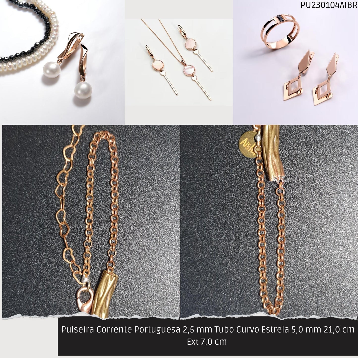 Pulseira Corrente Portuguesa 2.5 mm Tubo Curvo Estrela 5.0 mm 21.0 cm Ext 7.0 cm   - Código.: PU230104AIBR  - Peso.: 3.4 gr