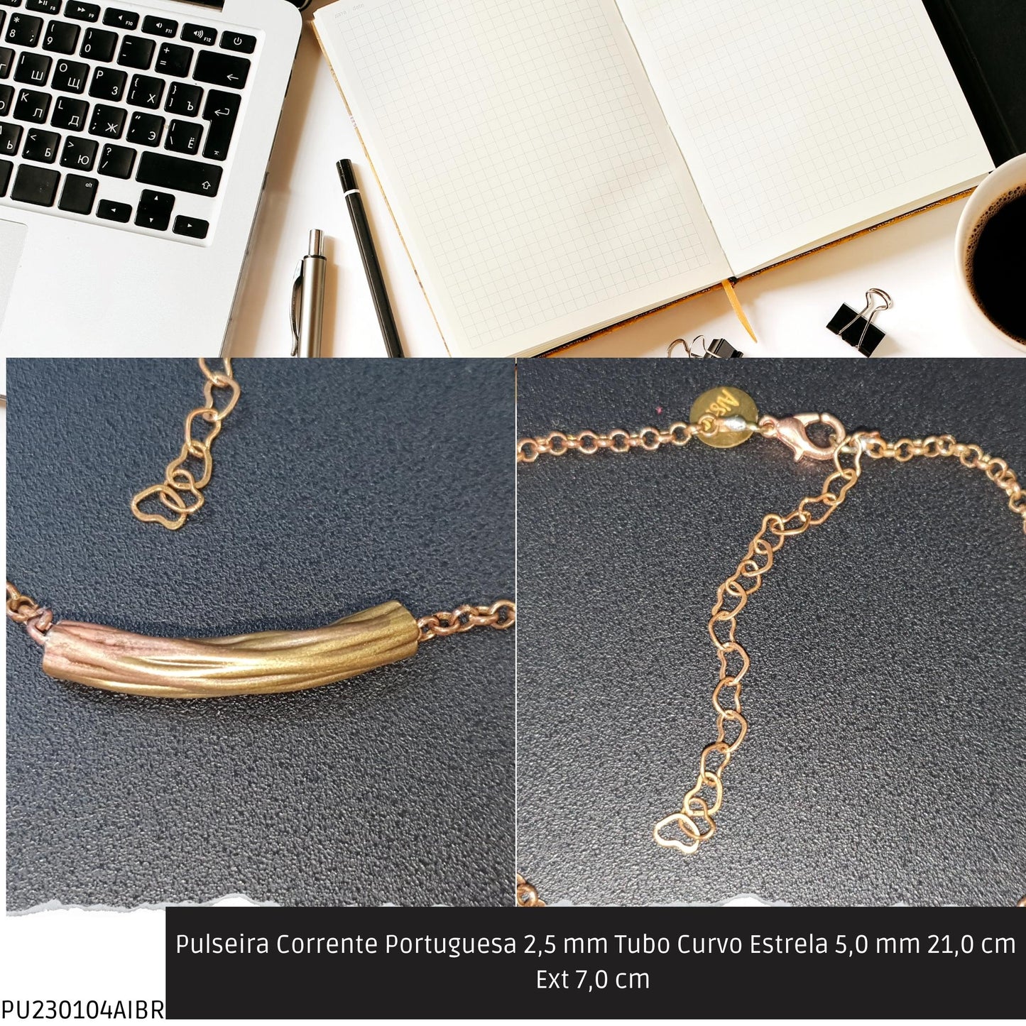 Pulseira Corrente Portuguesa 2.5 mm Tubo Curvo Estrela 5.0 mm 21.0 cm Ext 7.0 cm   - Código.: PU230104AIBR  - Peso.: 3.4 gr