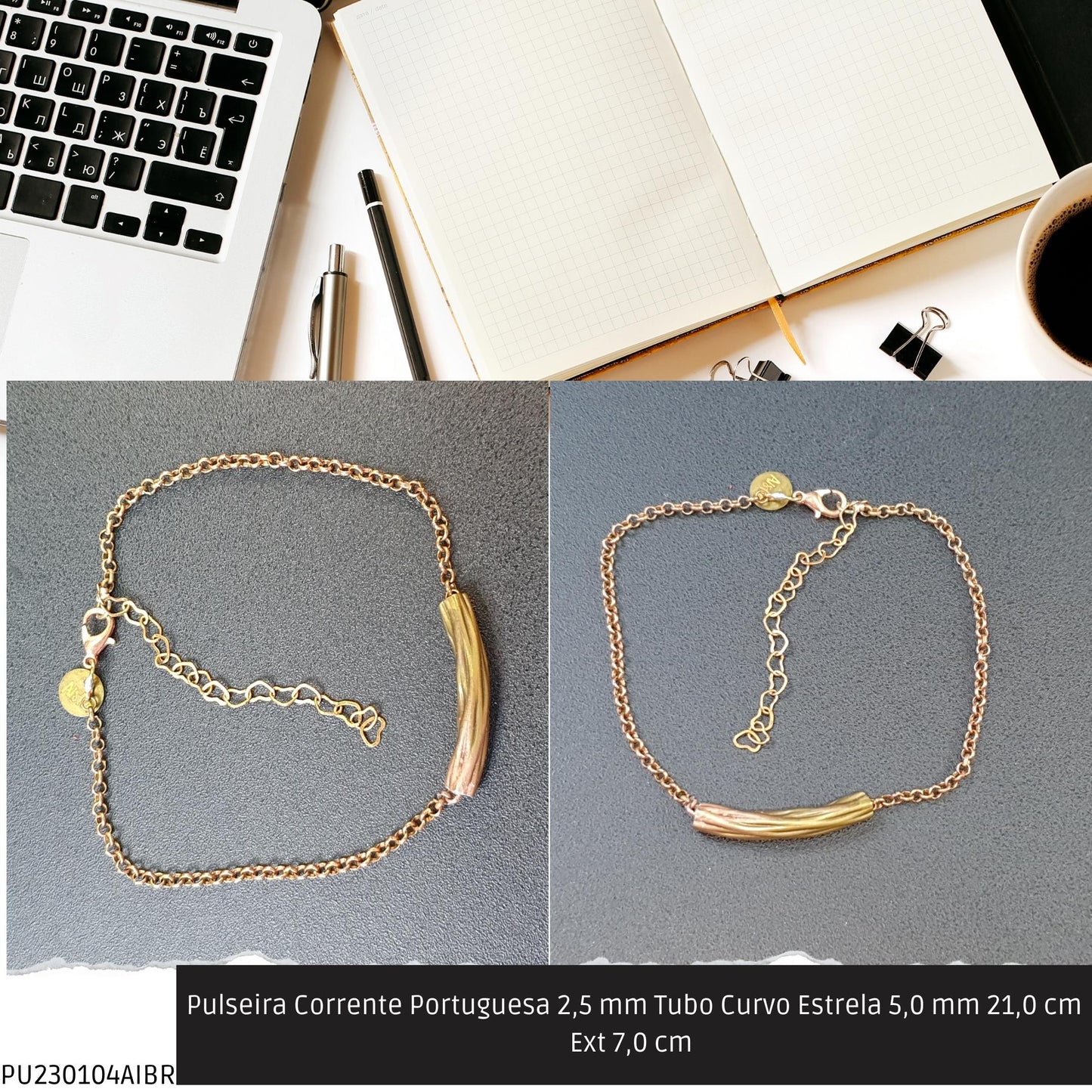Pulseira Corrente Portuguesa 2.5 mm Tubo Curvo Estrela 5.0 mm 21.0 cm Ext 7.0 cm   - Código.: PU230104AIBR  - Peso.: 3.4 gr