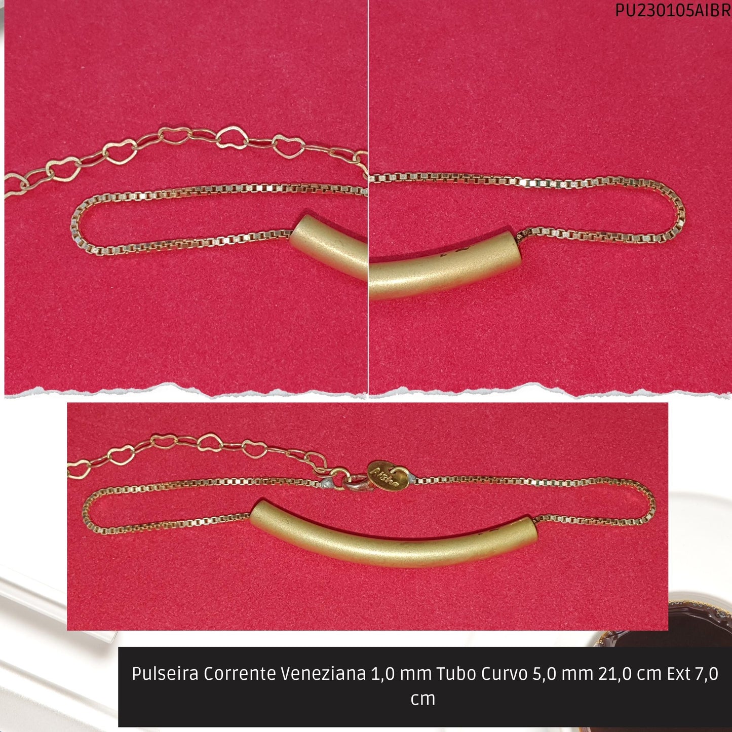 Pulseira Corrente Veneziana 1.0 mm Tubo Curvo 5.0 mm 21.0 cm Ext 7.0 cm   - Código.: PU230105AIBR  - Peso.: 4.0 gr