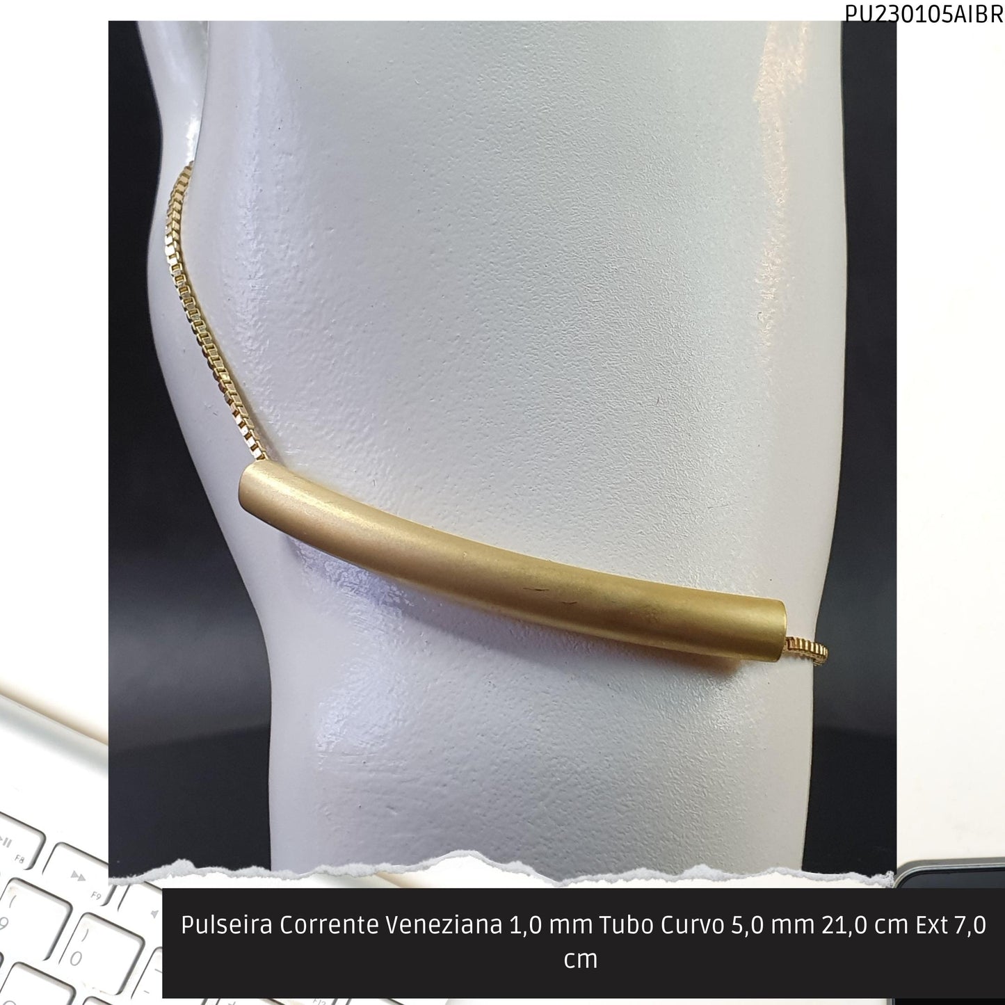 Pulseira Corrente Veneziana 1.0 mm Tubo Curvo 5.0 mm 21.0 cm Ext 7.0 cm   - Código.: PU230105AIBR  - Peso.: 4.0 gr
