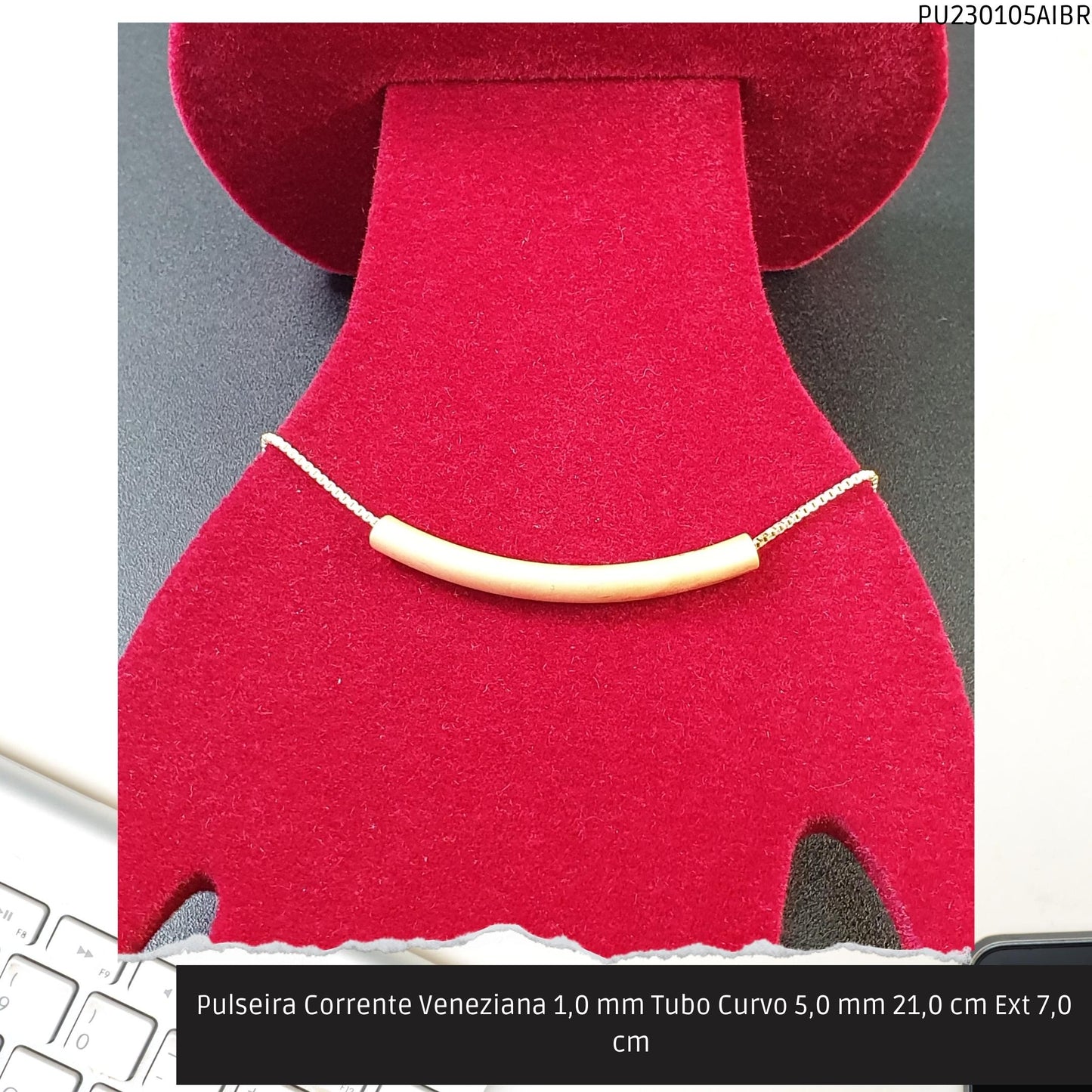 Pulseira Corrente Veneziana 1.0 mm Tubo Curvo 5.0 mm 21.0 cm Ext 7.0 cm   - Código.: PU230105AIBR  - Peso.: 4.0 gr