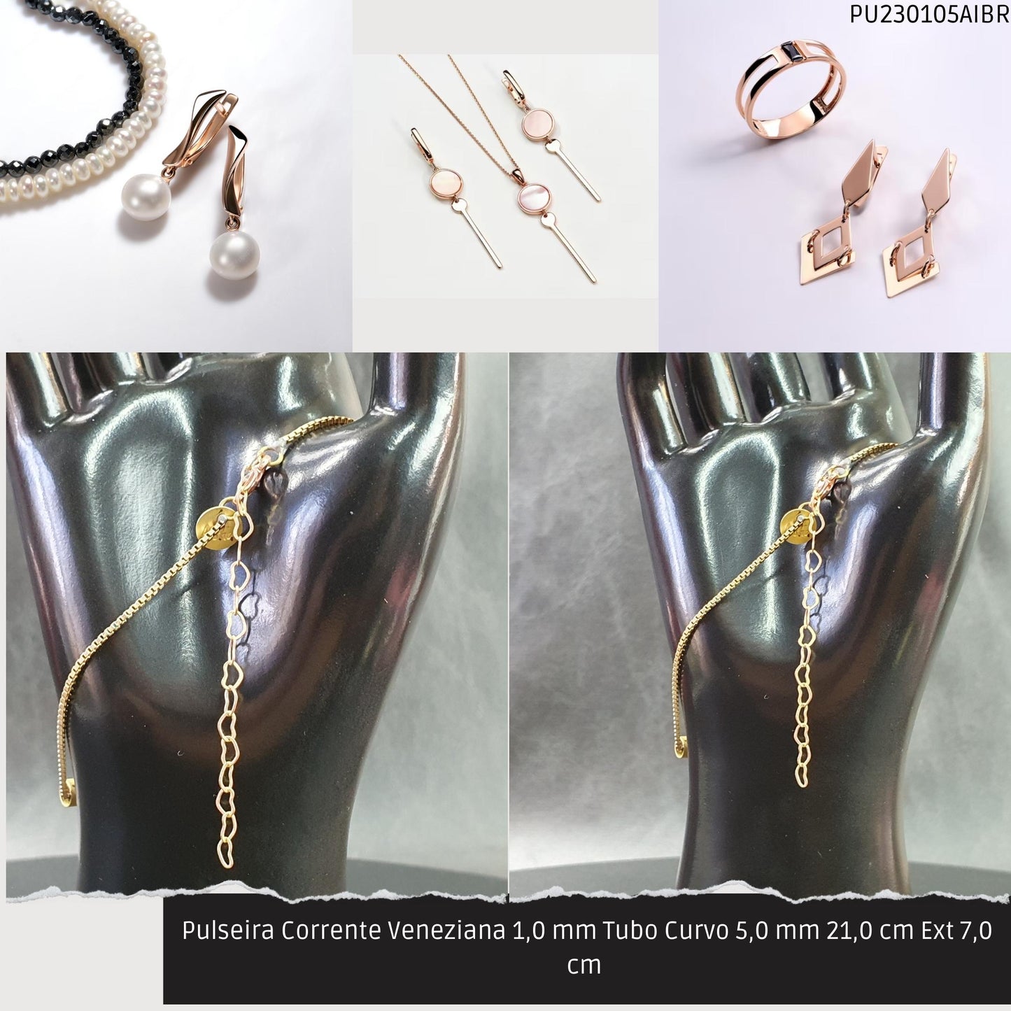 Pulseira Corrente Veneziana 1.0 mm Tubo Curvo 5.0 mm 21.0 cm Ext 7.0 cm   - Código.: PU230105AIBR  - Peso.: 4.0 gr