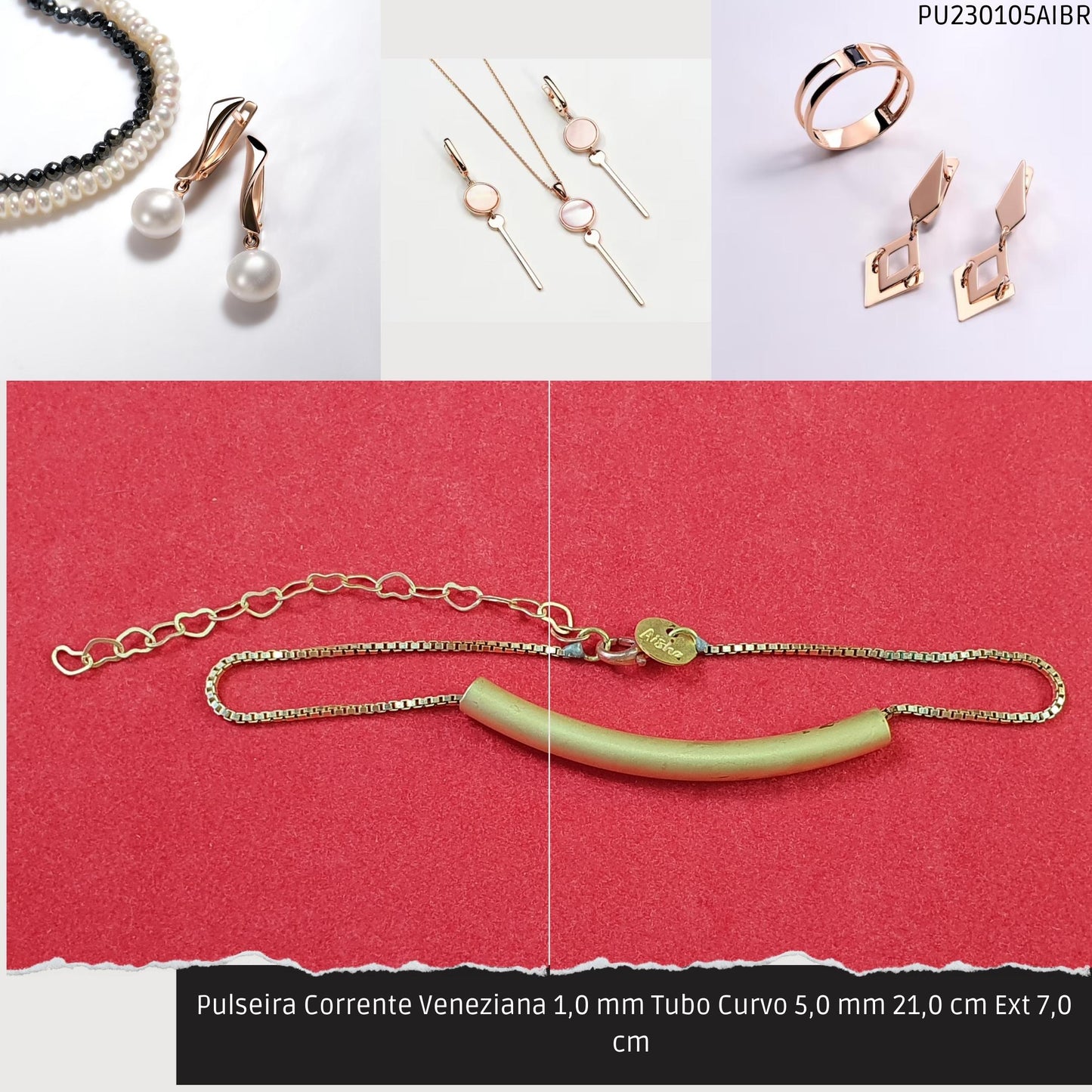 Pulseira Corrente Veneziana 1.0 mm Tubo Curvo 5.0 mm 21.0 cm Ext 7.0 cm   - Código.: PU230105AIBR  - Peso.: 4.0 gr