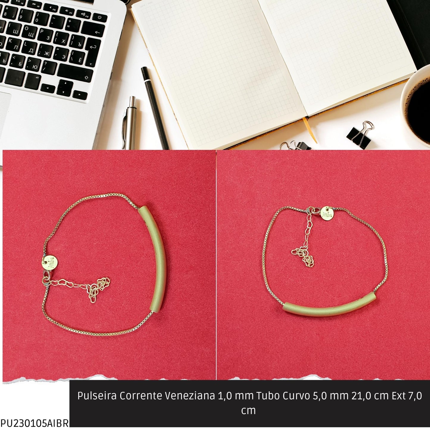 Pulseira Corrente Veneziana 1.0 mm Tubo Curvo 5.0 mm 21.0 cm Ext 7.0 cm   - Código.: PU230105AIBR  - Peso.: 4.0 gr