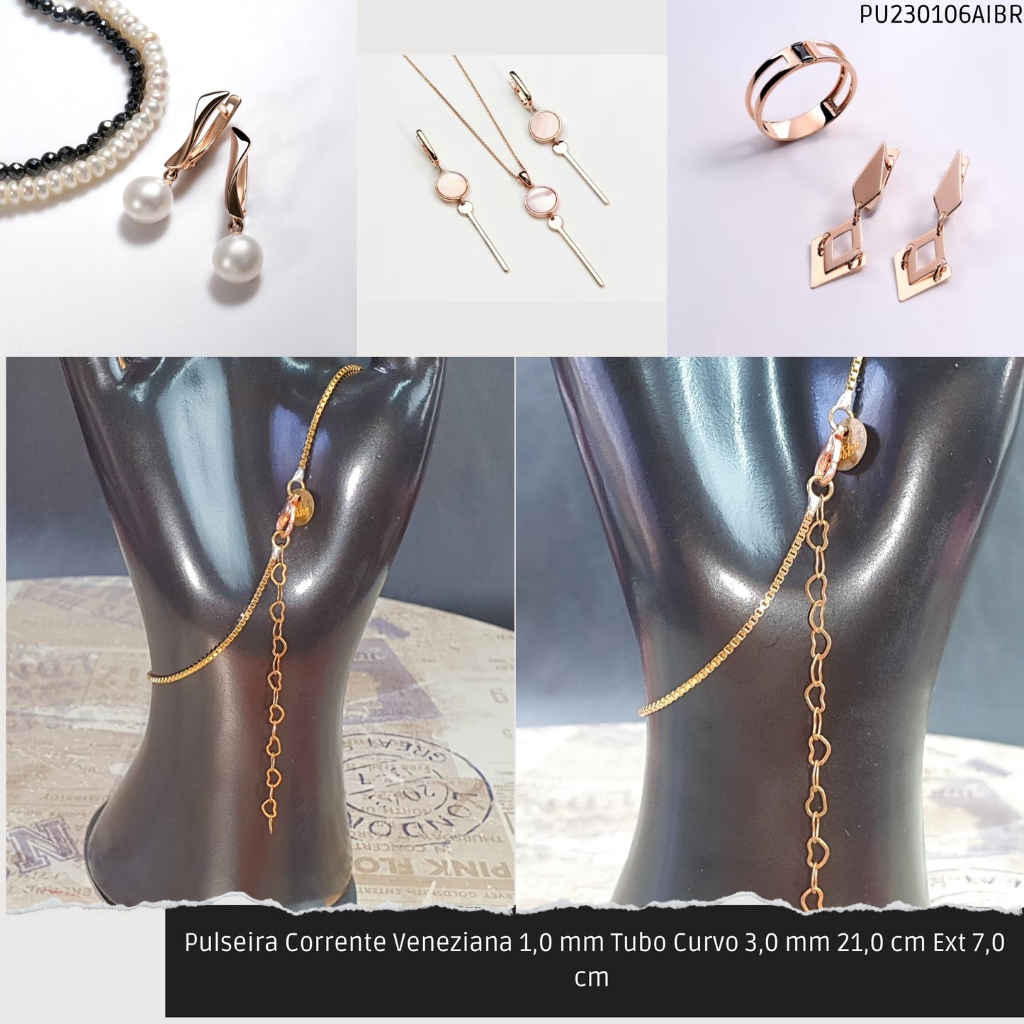 Pulseira Corrente Veneziana 1.0 mm Tubo Curvo 3.0 mm 21.0 cm Ext 7.0 cm   - Código.: PU230106AIBR  - Peso.: 2.9 gr
