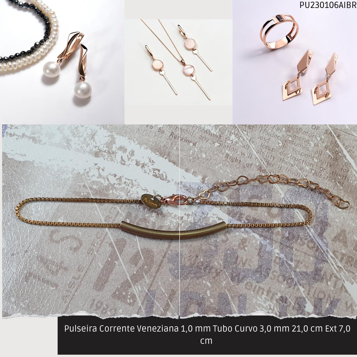 Pulseira Corrente Veneziana 1.0 mm Tubo Curvo 3.0 mm 21.0 cm Ext 7.0 cm   - Código.: PU230106AIBR  - Peso.: 2.9 gr